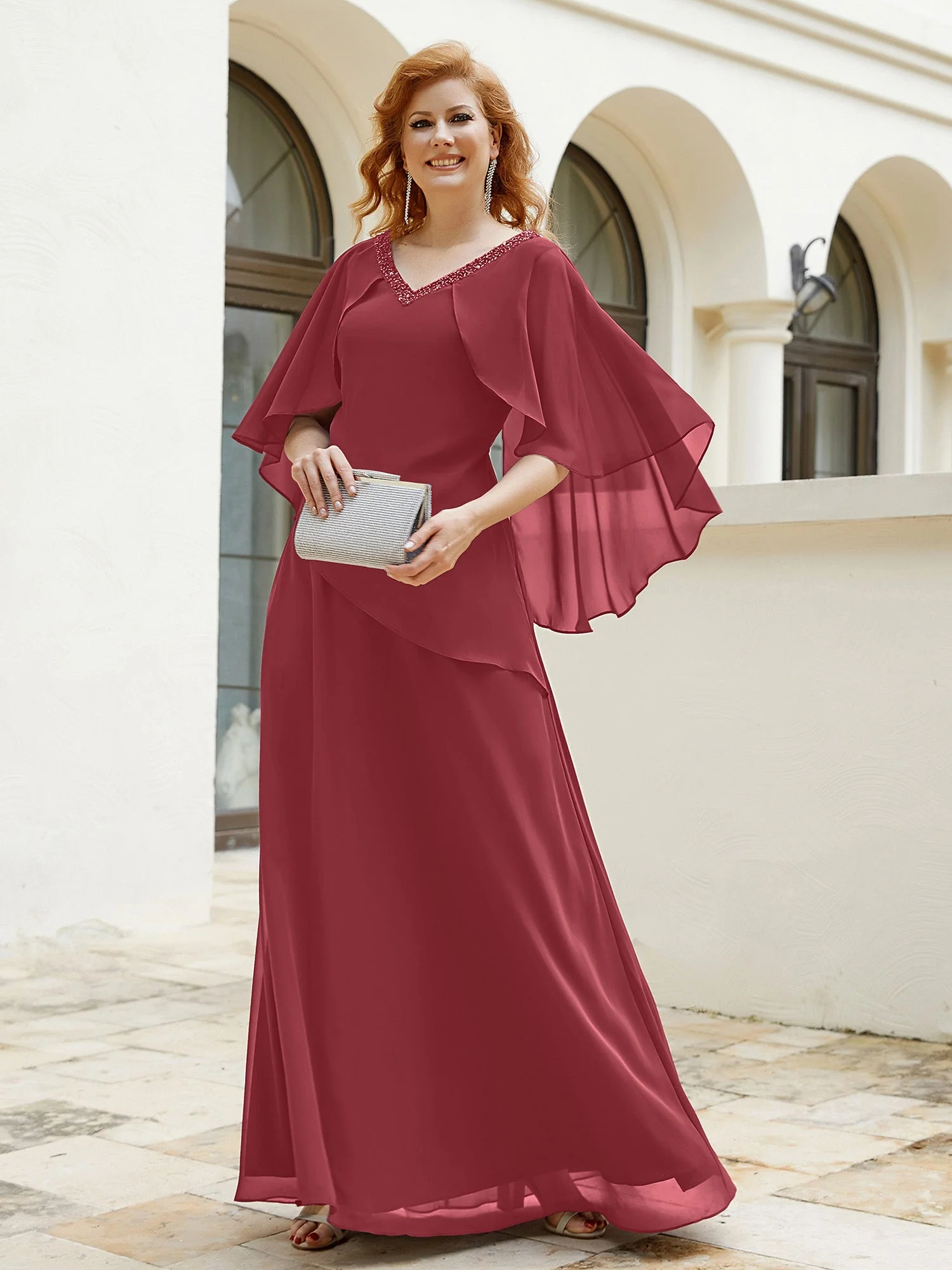 V-Ausschnitt Bodenlanges Kleid mit Perlen Zimtrose
