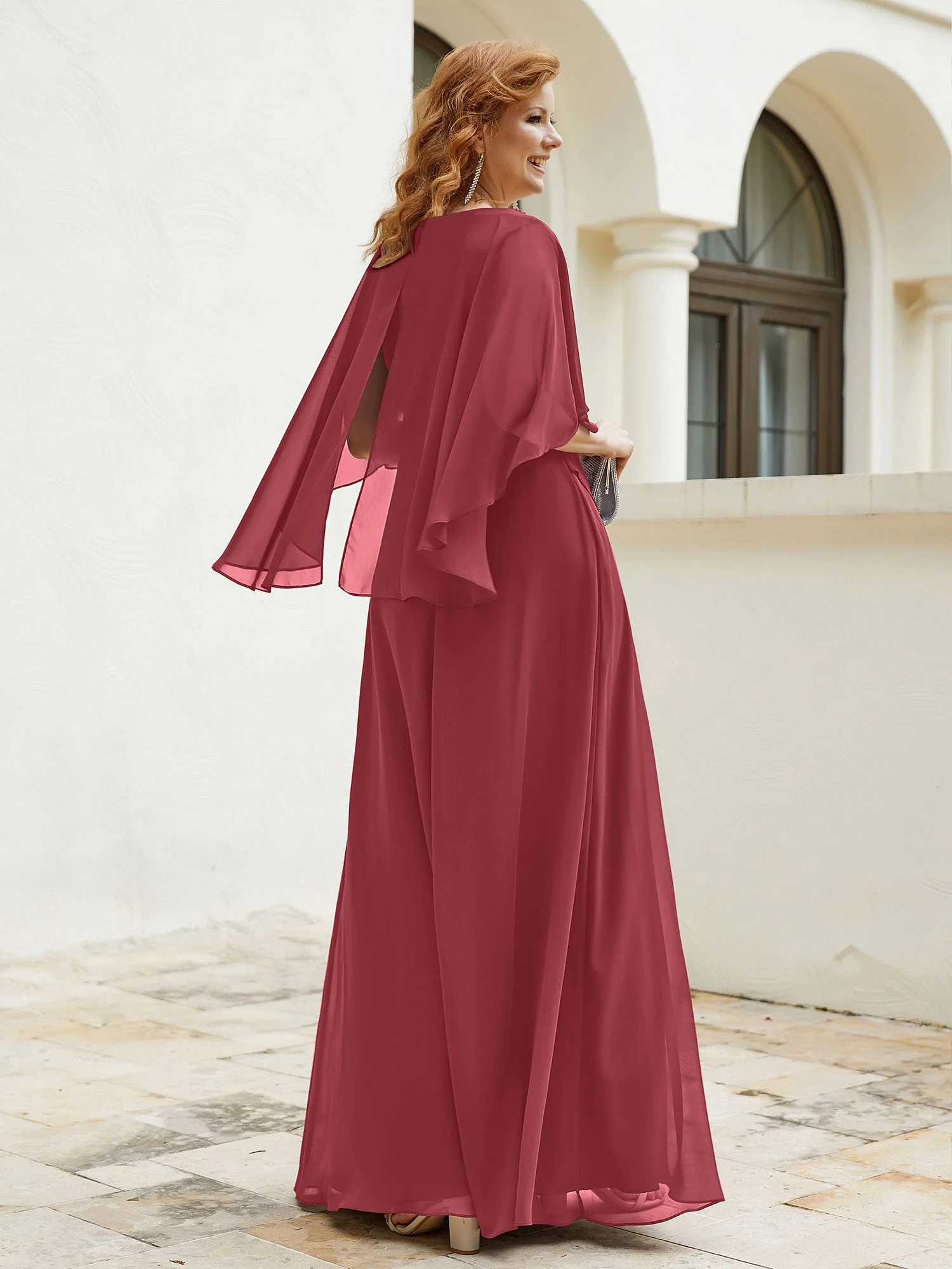V-Ausschnitt Bodenlanges Kleid mit Perlen Zimtrose - Image 2