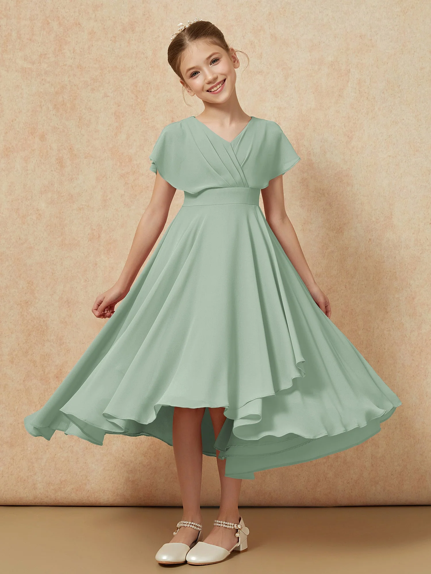 V-Ausschnitt Chiffon Asymmetrisch Junge Brautjungfernkleider Agavengrün