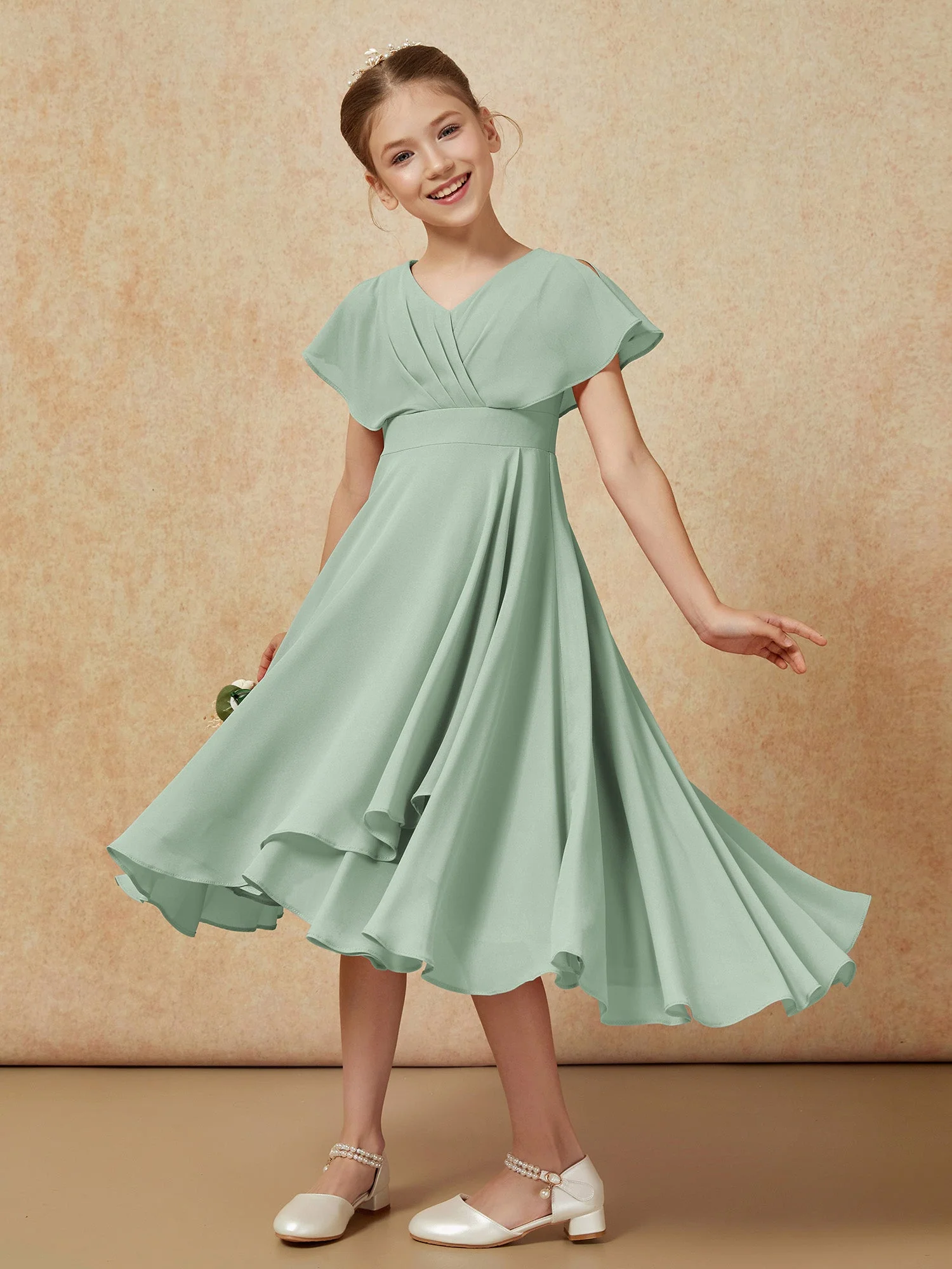 V-Ausschnitt Chiffon Asymmetrisch Junge Brautjungfernkleider Agavengrün - Image 4
