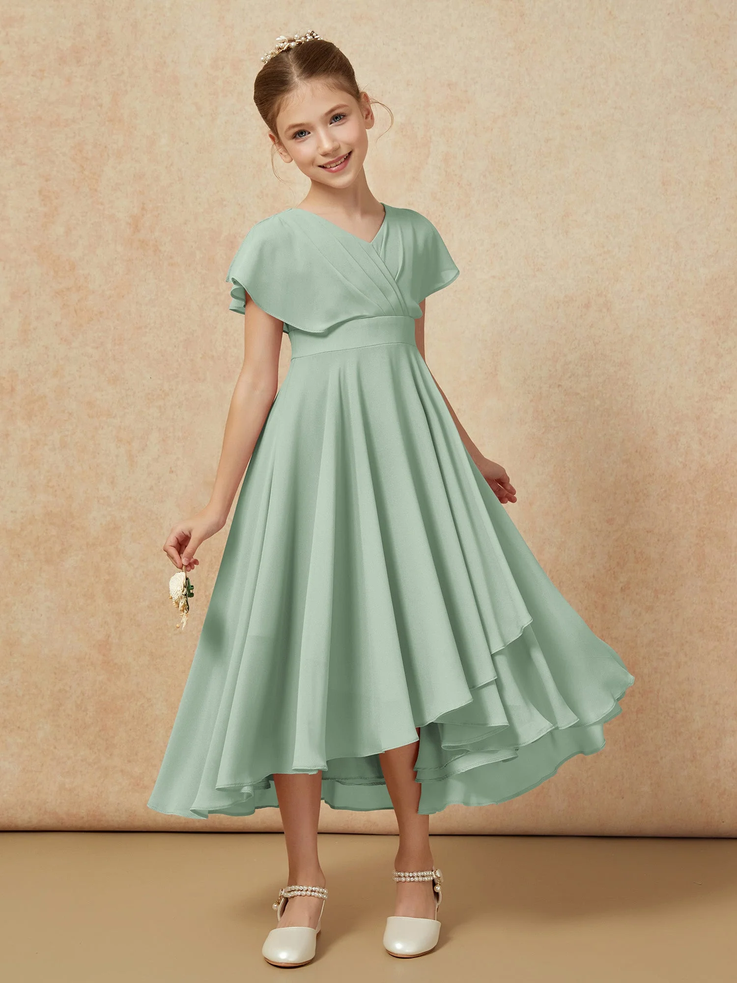 V-Ausschnitt Chiffon Asymmetrisch Junge Brautjungfernkleider Agavengrün - Image 6