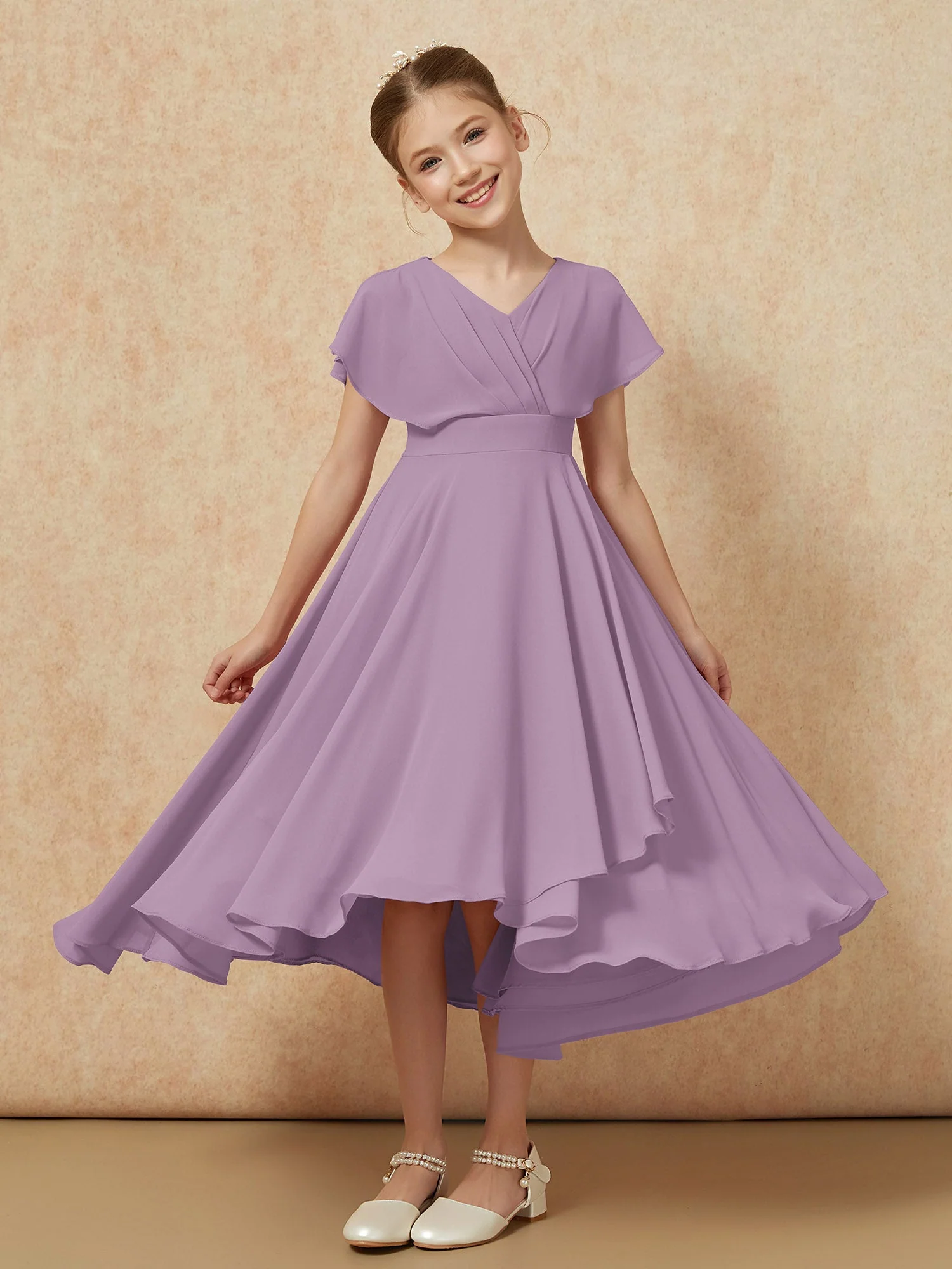 V-Ausschnitt Chiffon Asymmetrisch Junge Brautjungfernkleider Blauregen