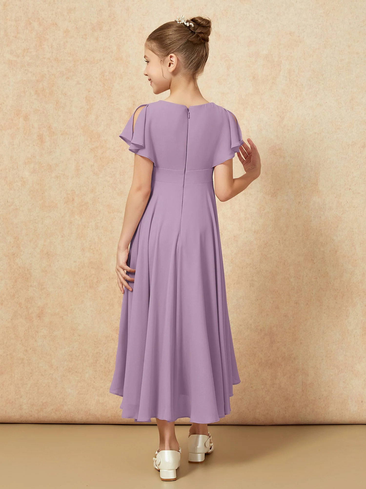 V-Ausschnitt Chiffon Asymmetrisch Junge Brautjungfernkleider Blauregen - Image 2