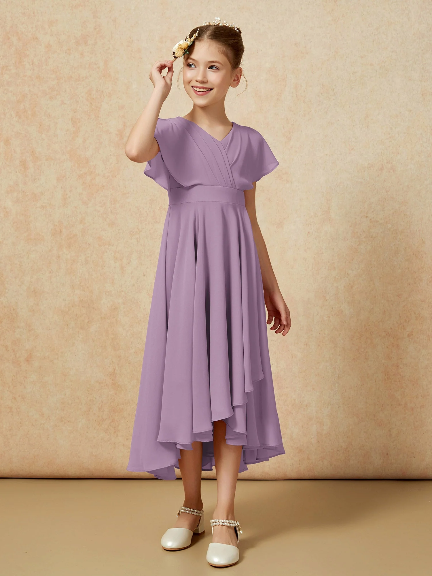 V-Ausschnitt Chiffon Asymmetrisch Junge Brautjungfernkleider Blauregen - Image 3