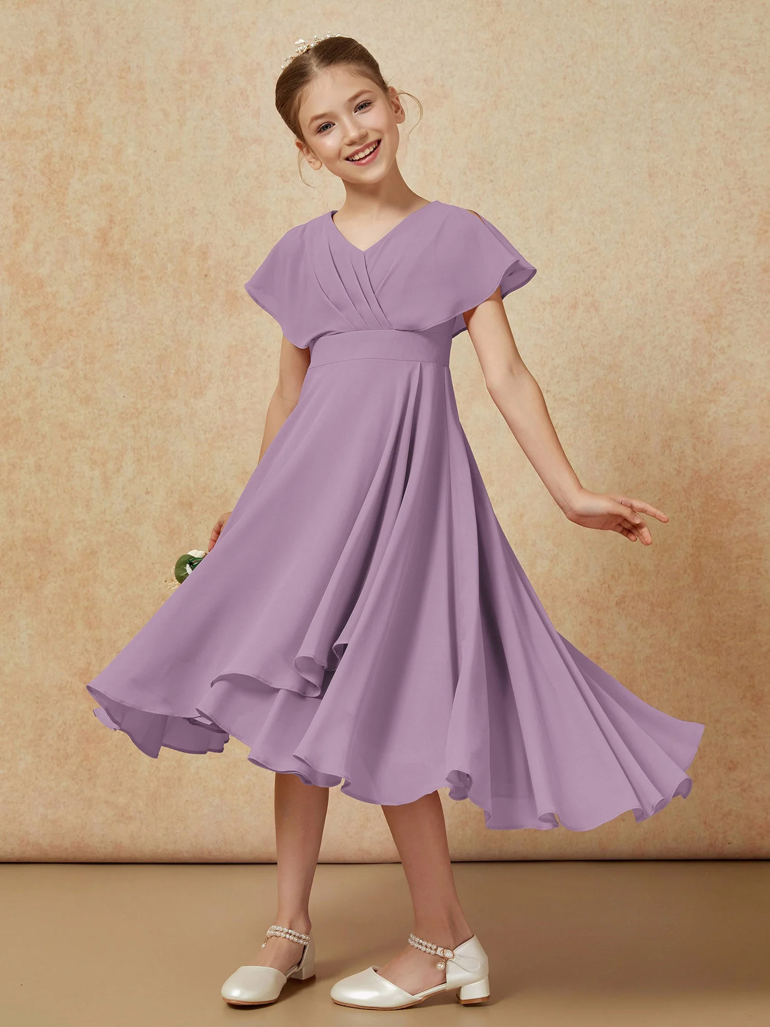 V-Ausschnitt Chiffon Asymmetrisch Junge Brautjungfernkleider Blauregen - Image 4