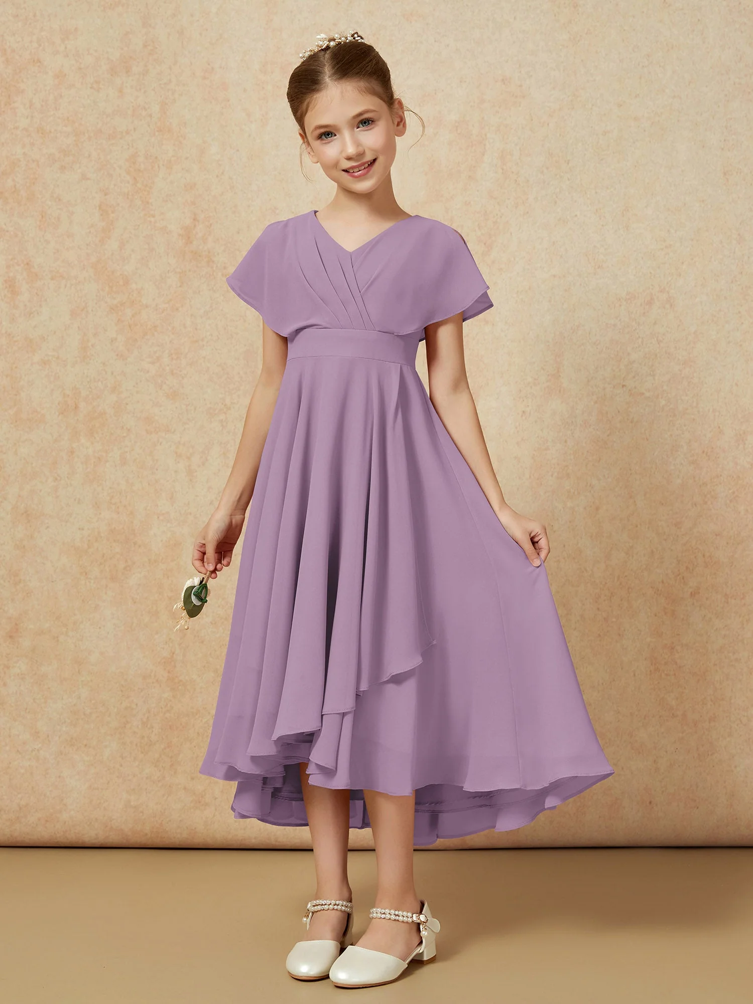 V-Ausschnitt Chiffon Asymmetrisch Junge Brautjungfernkleider Blauregen - Image 5