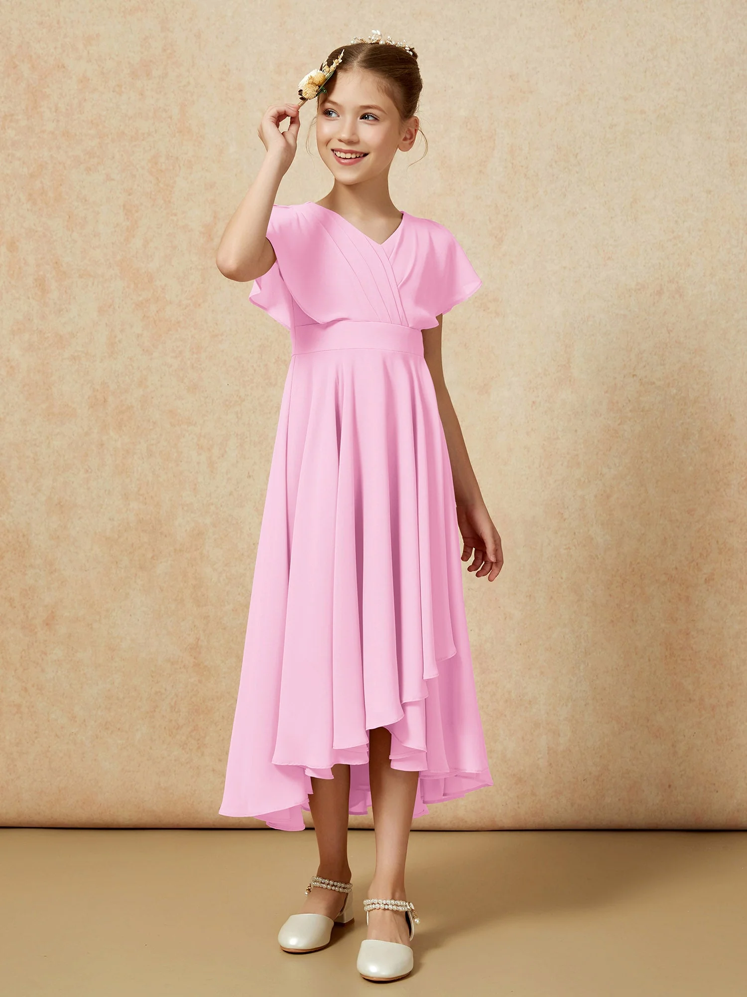 V-Ausschnitt Chiffon Asymmetrisch Junge Brautjungfernkleider Bonbonrosa - Image 3
