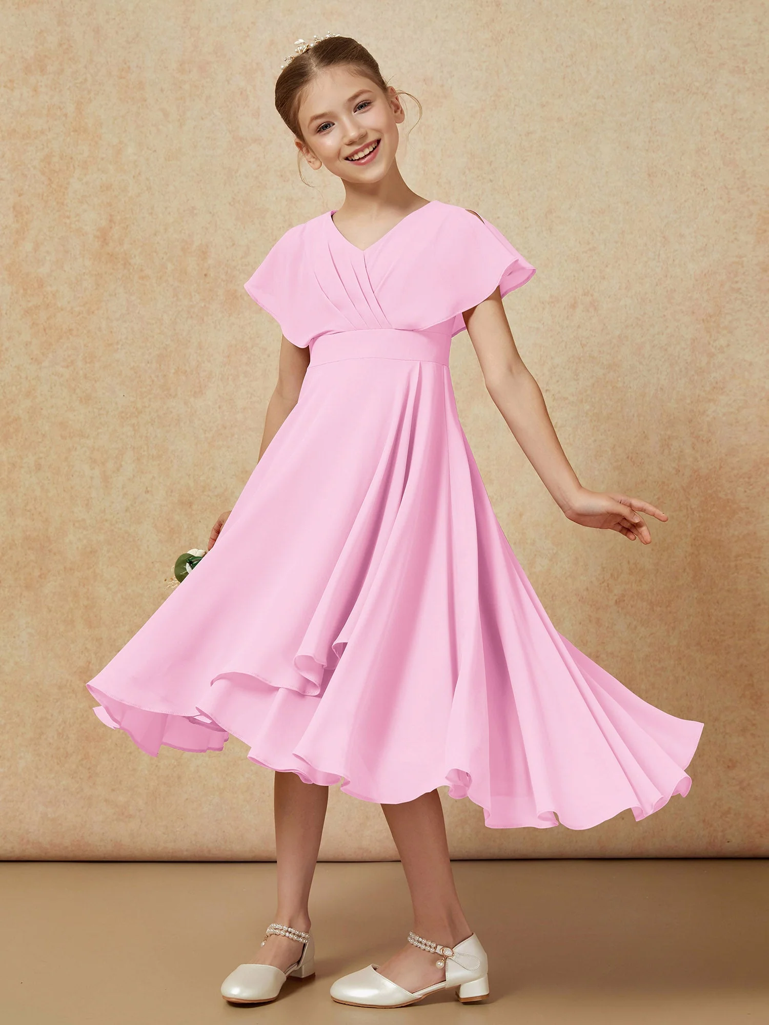 V-Ausschnitt Chiffon Asymmetrisch Junge Brautjungfernkleider Bonbonrosa - Image 4