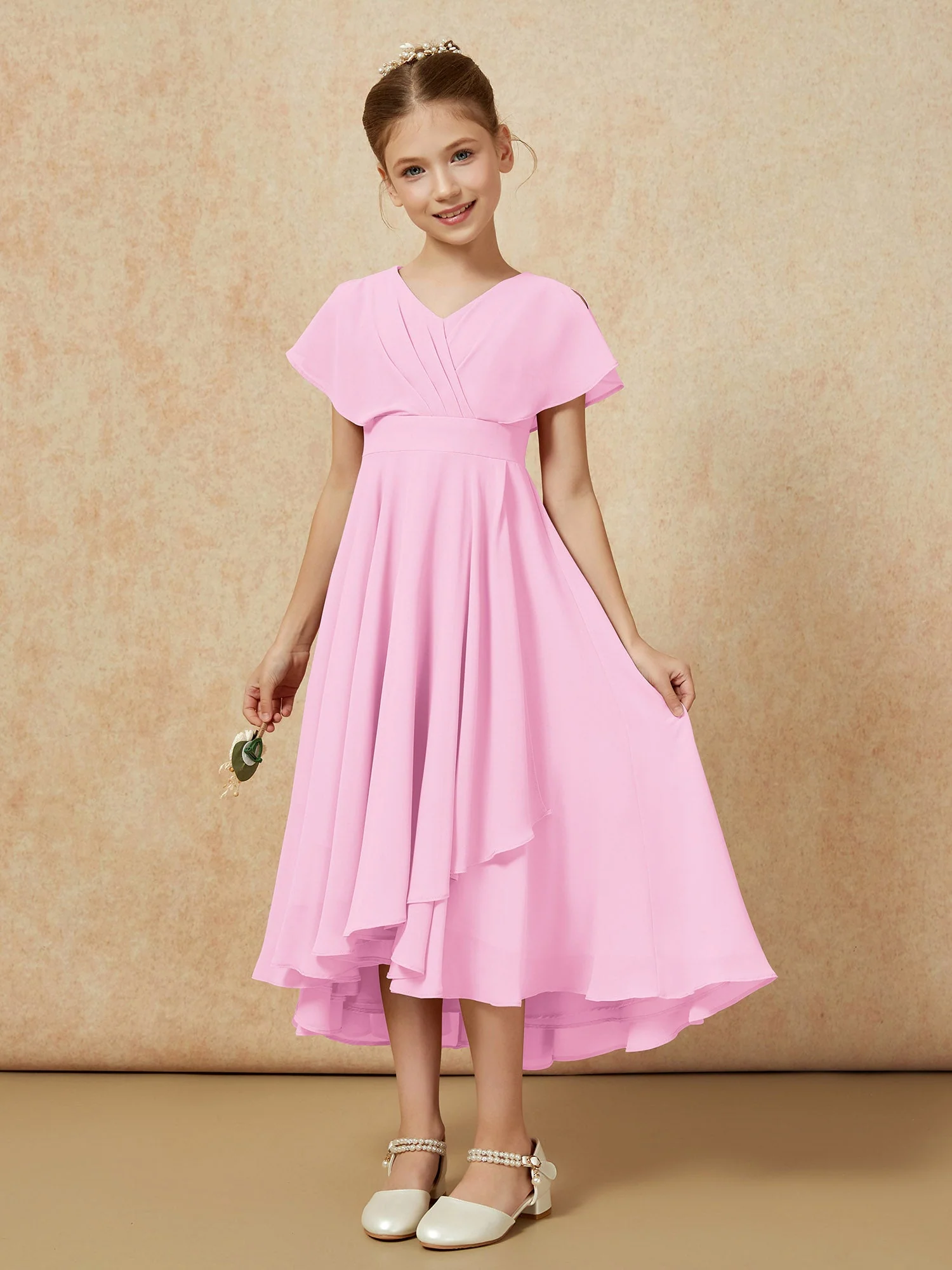 V-Ausschnitt Chiffon Asymmetrisch Junge Brautjungfernkleider Bonbonrosa - Image 5