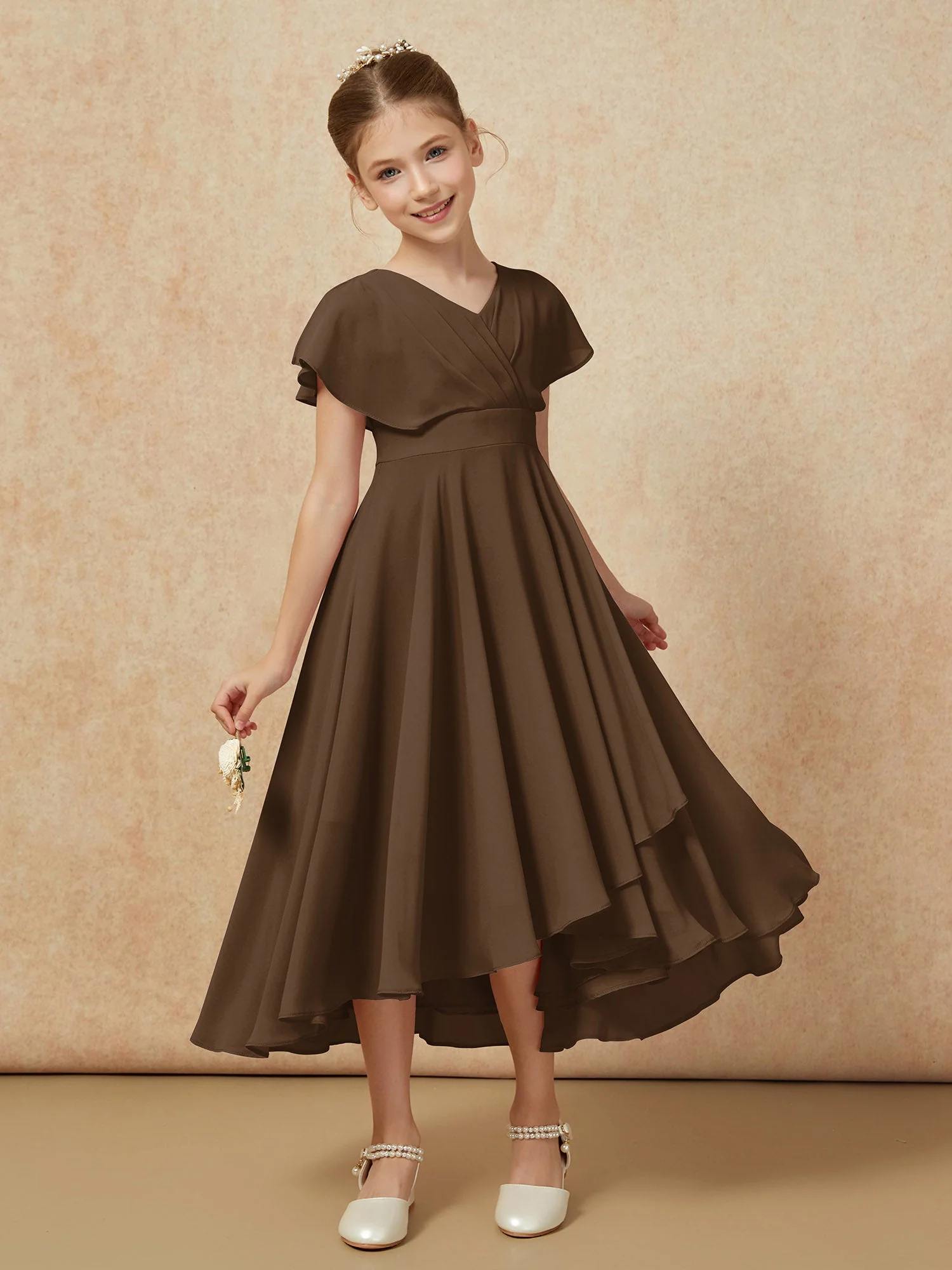 V-Ausschnitt Chiffon Asymmetrisch Junge Brautjungfernkleider Braun - Image 6