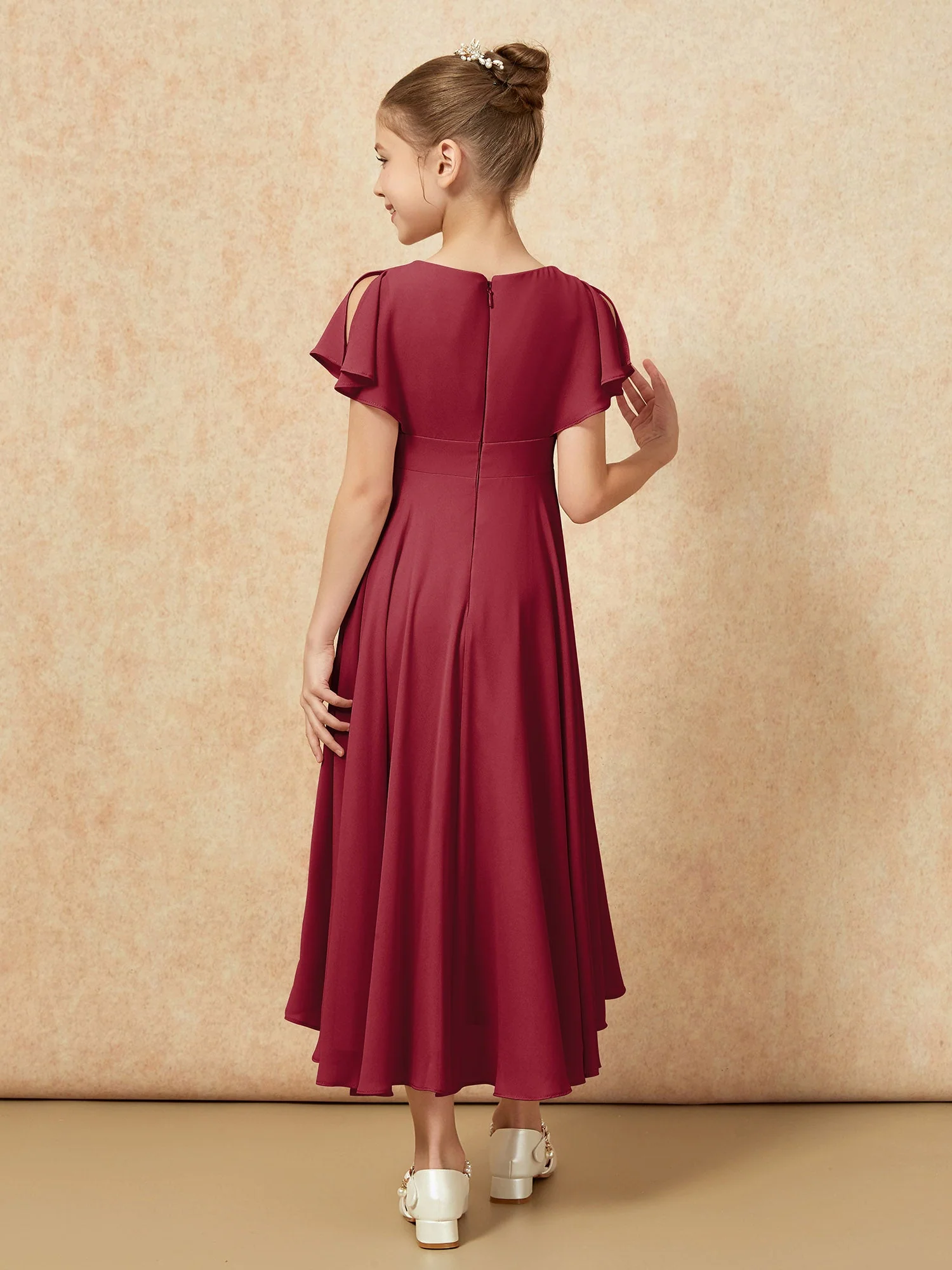 V-Ausschnitt Chiffon Asymmetrisch Junge Brautjungfernkleider Burgunderrot - Image 2