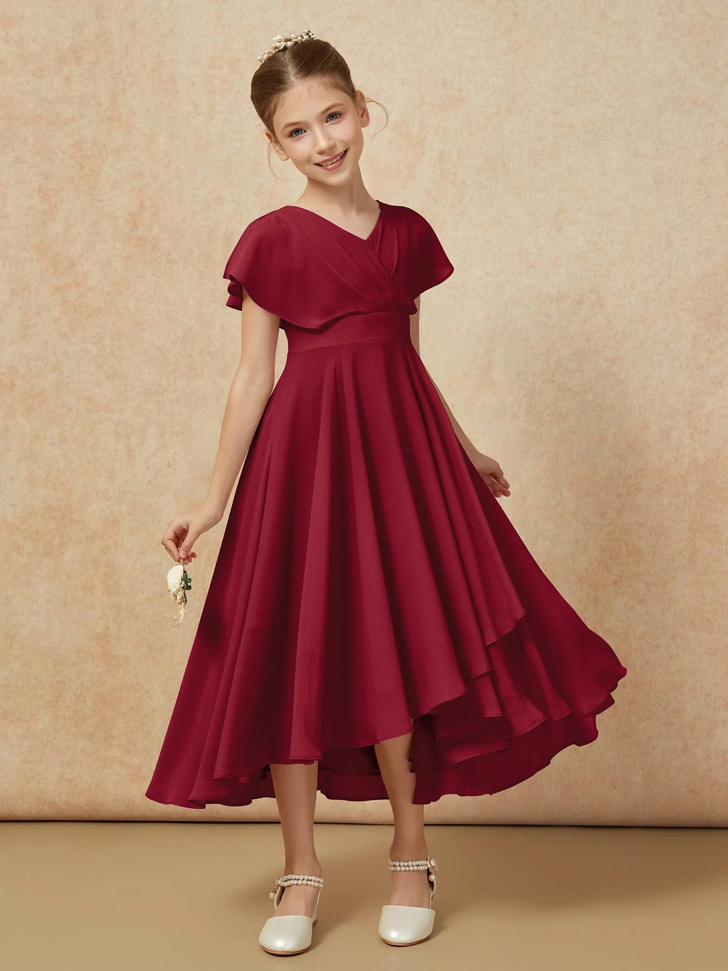 V-Ausschnitt Chiffon Asymmetrisch Junge Brautjungfernkleider Burgunderrot - Image 6