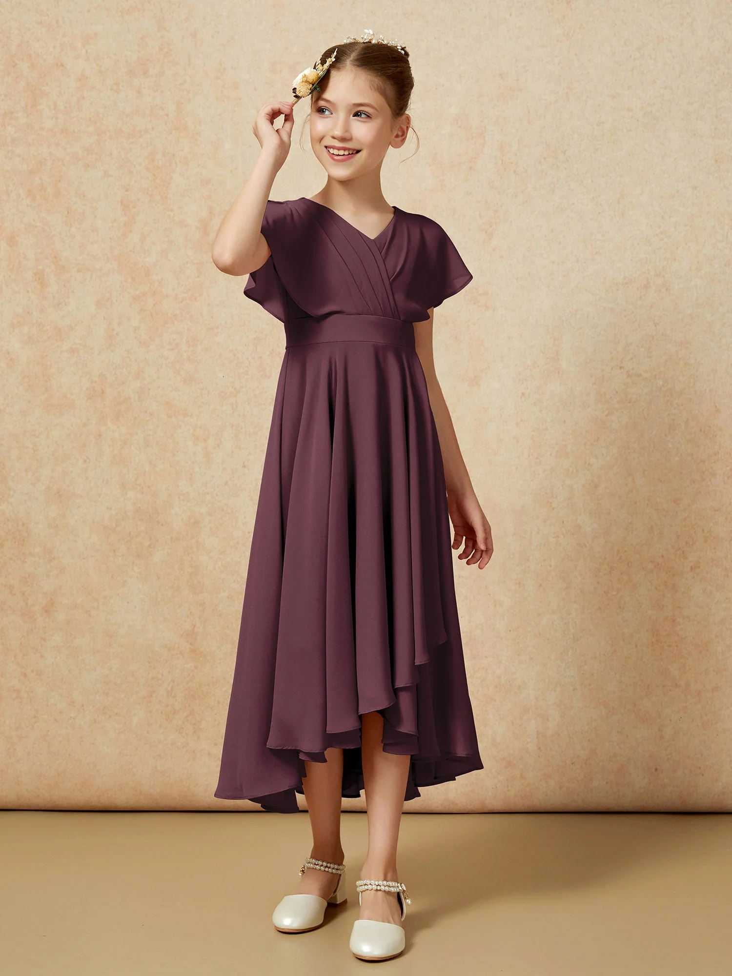 V-Ausschnitt Chiffon Asymmetrisch Junge Brautjungfernkleider Cabernet - Image 3
