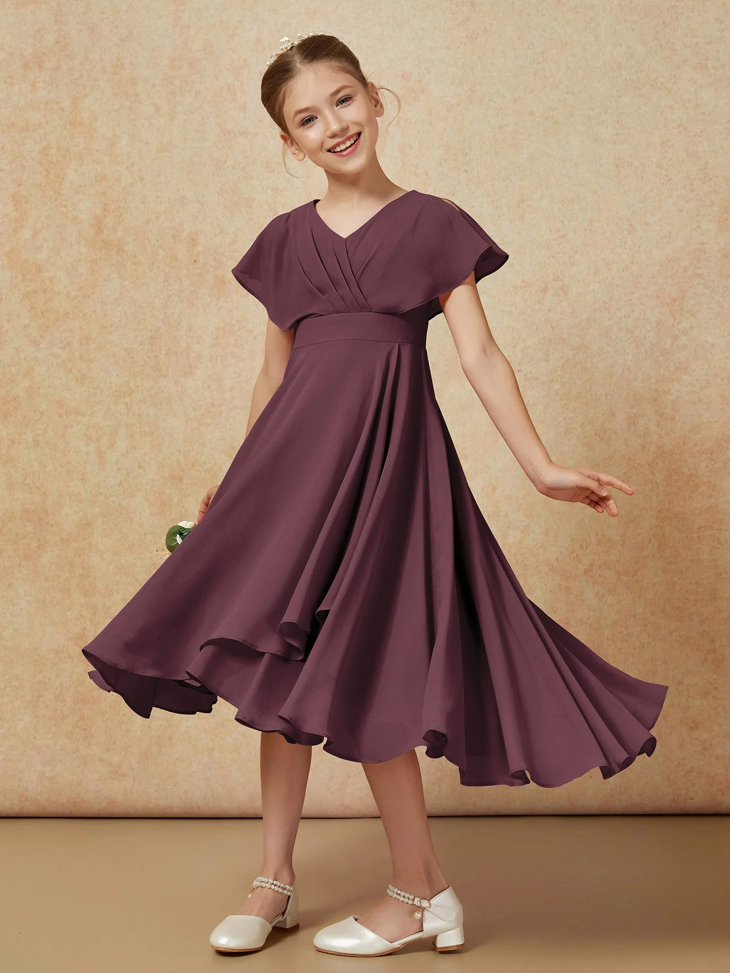 V-Ausschnitt Chiffon Asymmetrisch Junge Brautjungfernkleider Cabernet - Image 4