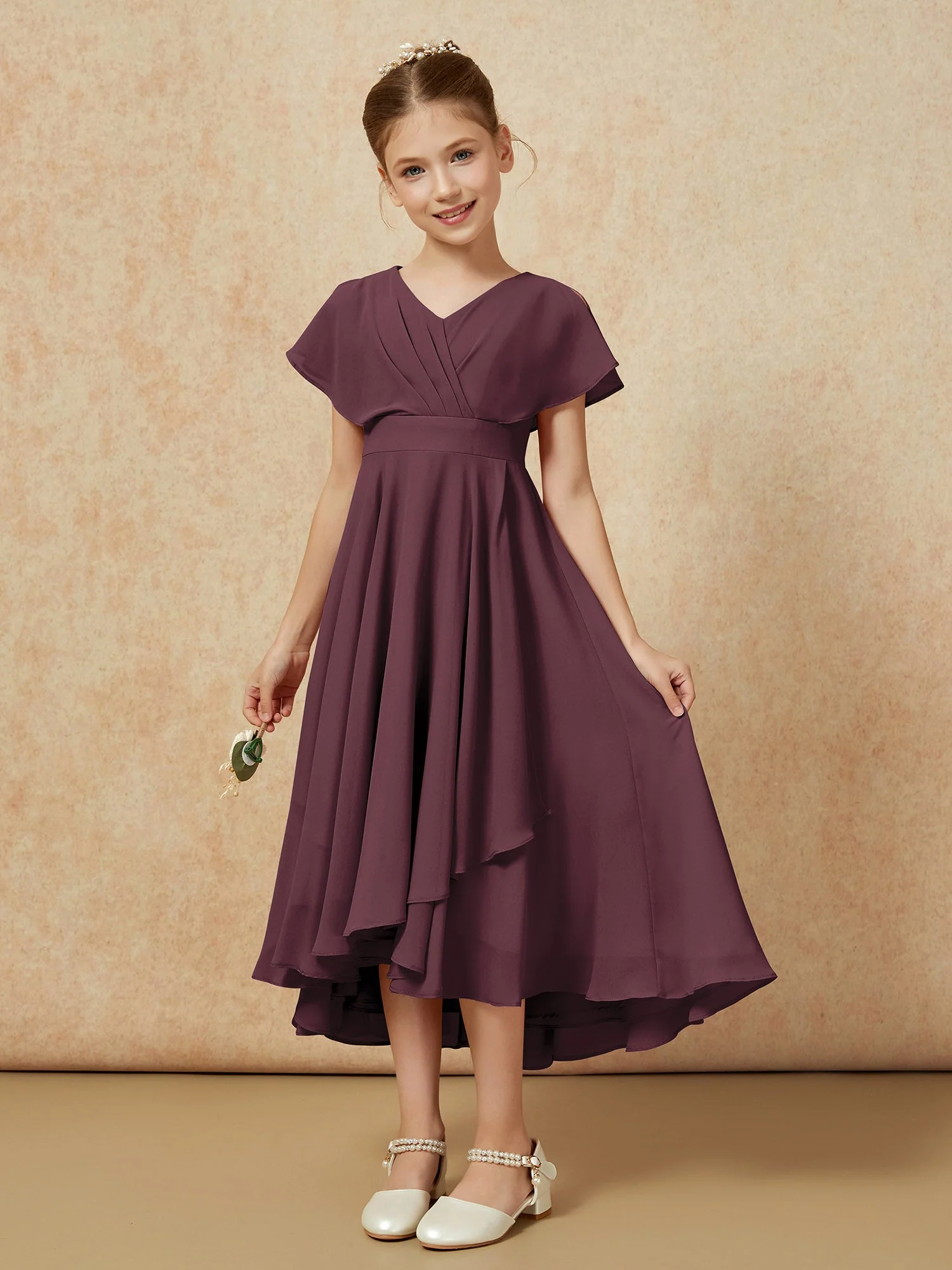 V-Ausschnitt Chiffon Asymmetrisch Junge Brautjungfernkleider Cabernet - Image 5