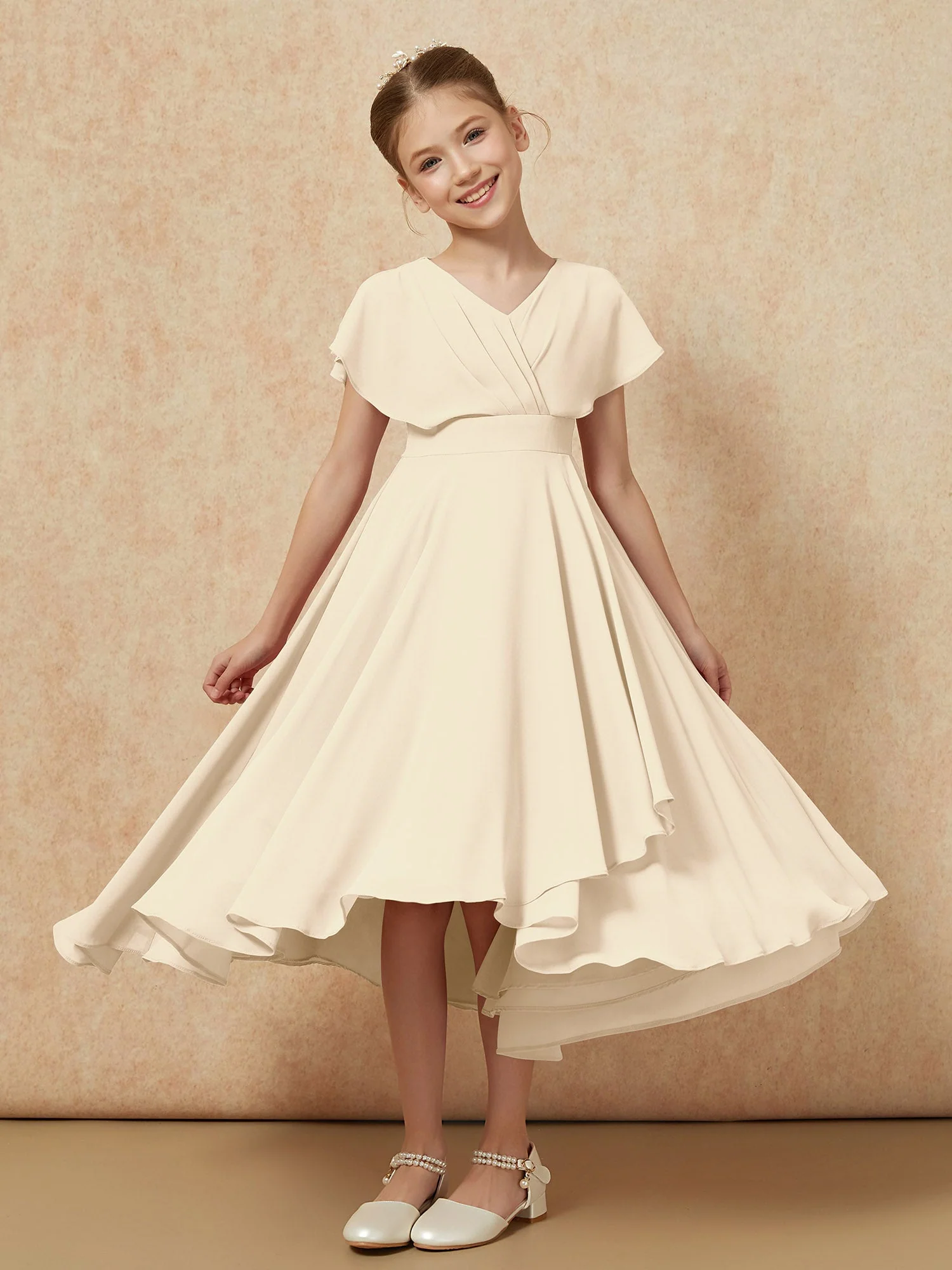 V-Ausschnitt Chiffon Asymmetrisch Junge Brautjungfernkleider Champagner