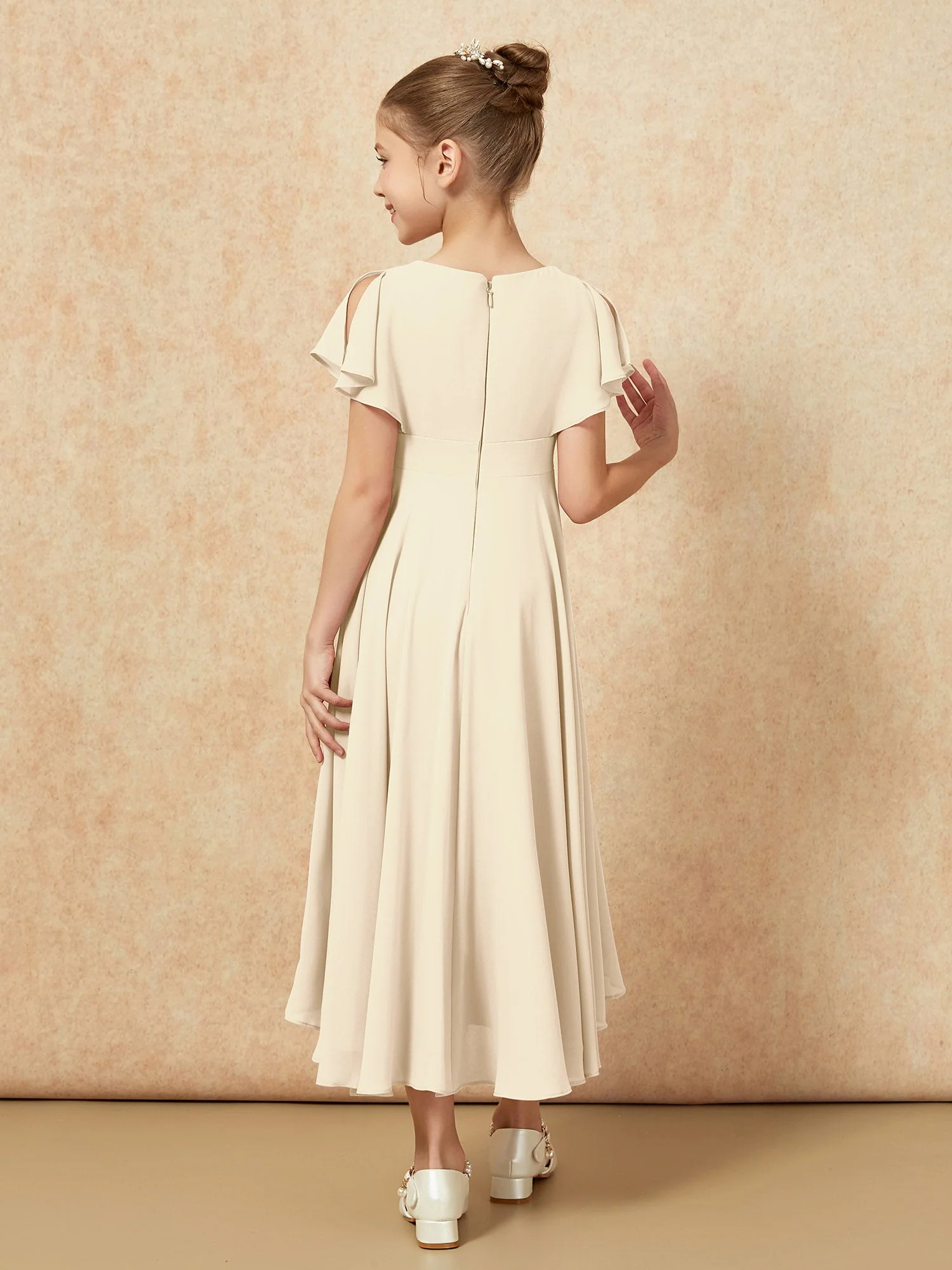 V-Ausschnitt Chiffon Asymmetrisch Junge Brautjungfernkleider Champagner - Image 2