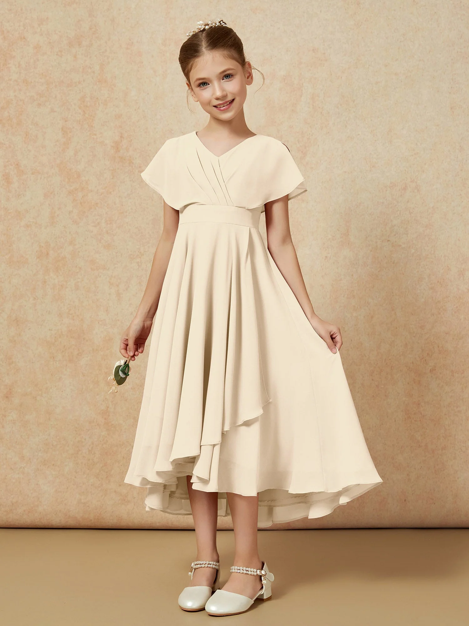 V-Ausschnitt Chiffon Asymmetrisch Junge Brautjungfernkleider Champagner - Image 5