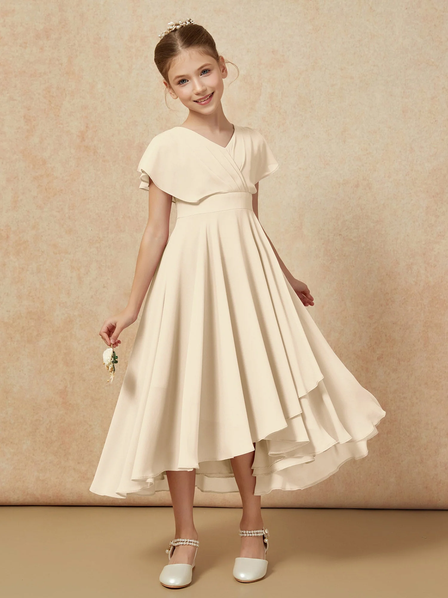 V-Ausschnitt Chiffon Asymmetrisch Junge Brautjungfernkleider Champagner - Image 6