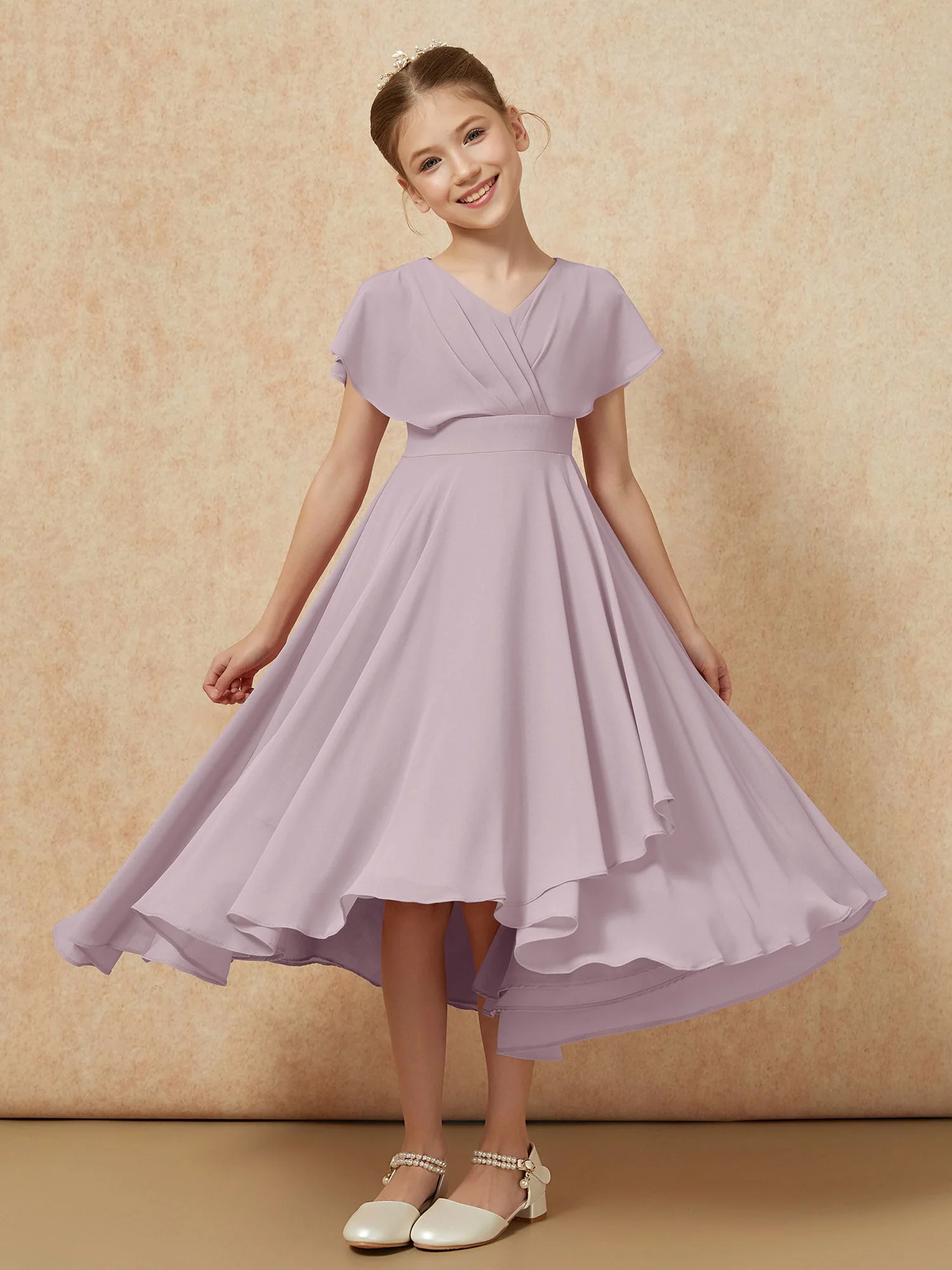 V-Ausschnitt Chiffon Asymmetrisch Junge Brautjungfernkleider Dämmerung