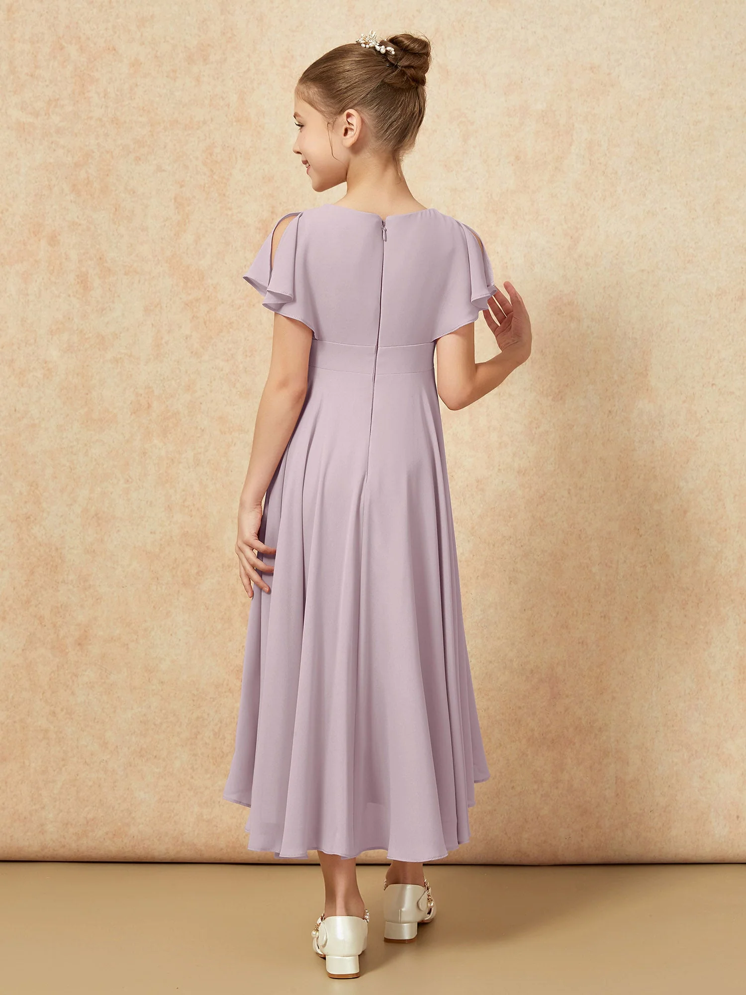 V-Ausschnitt Chiffon Asymmetrisch Junge Brautjungfernkleider Dämmerung - Image 2