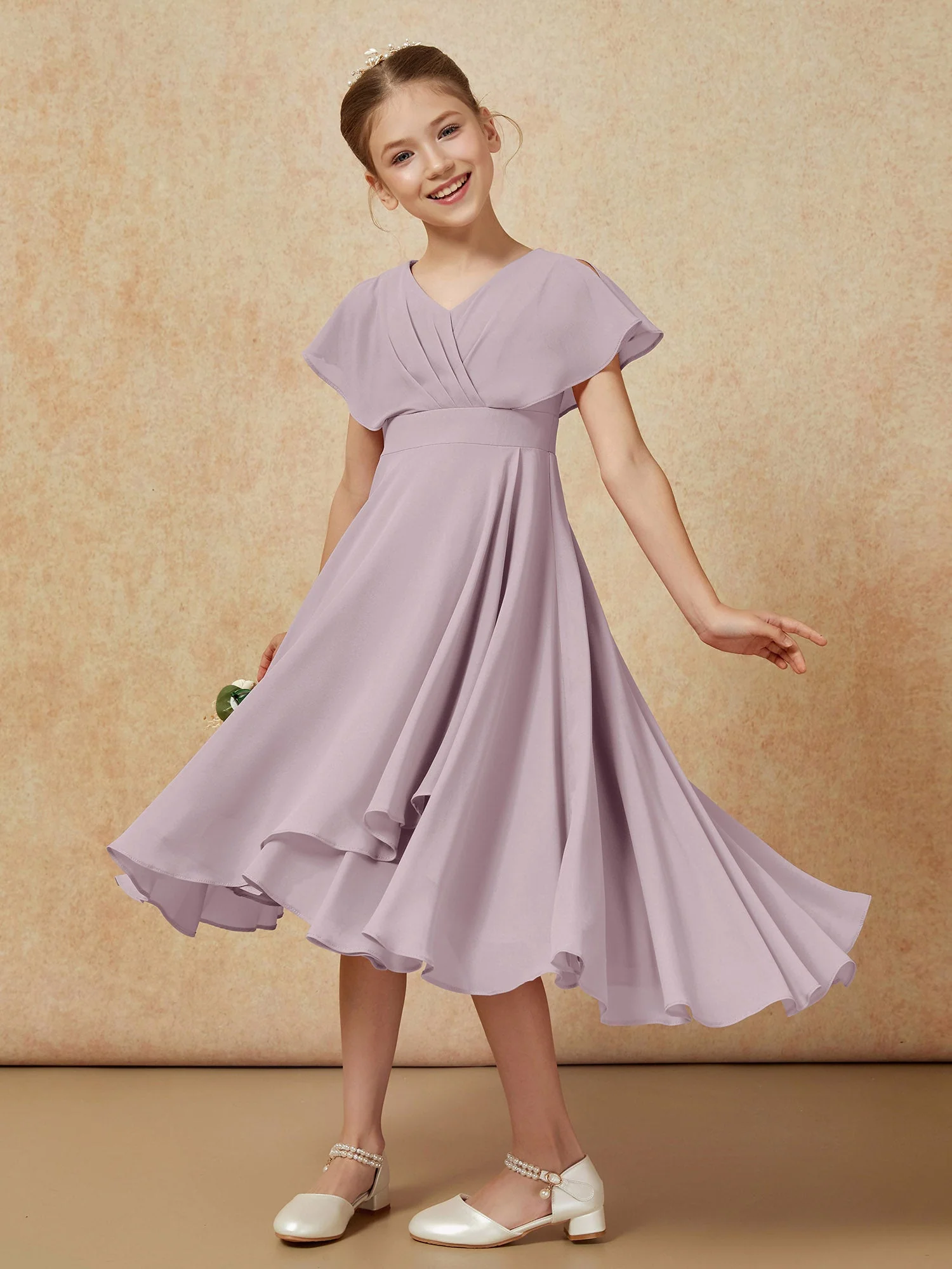 V-Ausschnitt Chiffon Asymmetrisch Junge Brautjungfernkleider Dämmerung - Image 4
