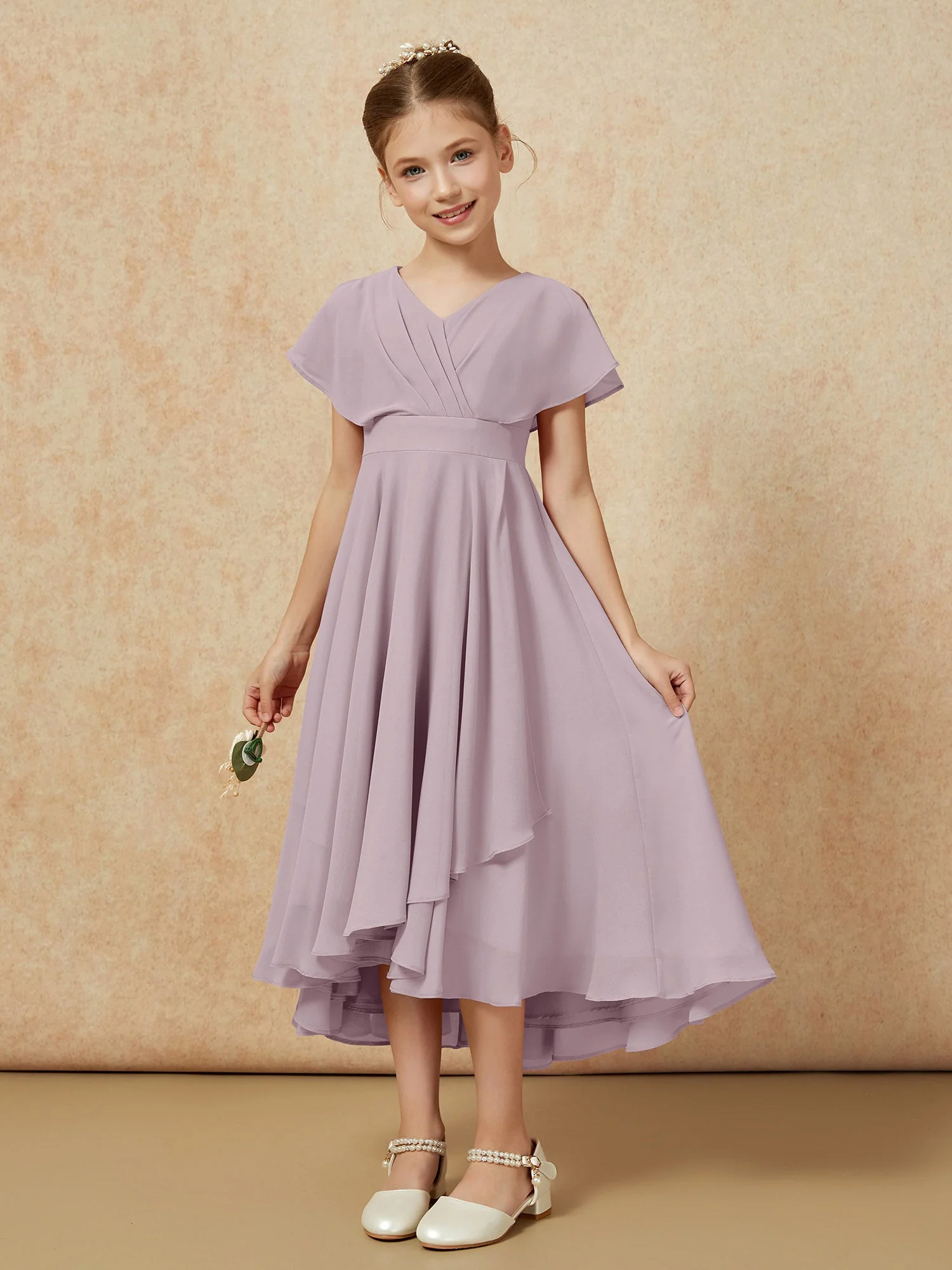 V-Ausschnitt Chiffon Asymmetrisch Junge Brautjungfernkleider Dämmerung - Image 5