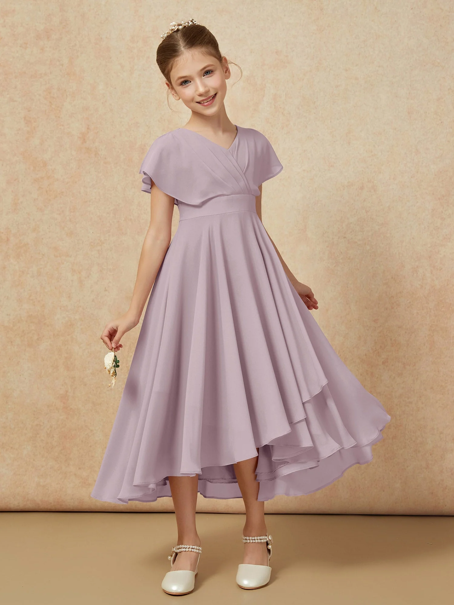 V-Ausschnitt Chiffon Asymmetrisch Junge Brautjungfernkleider Dämmerung - Image 6