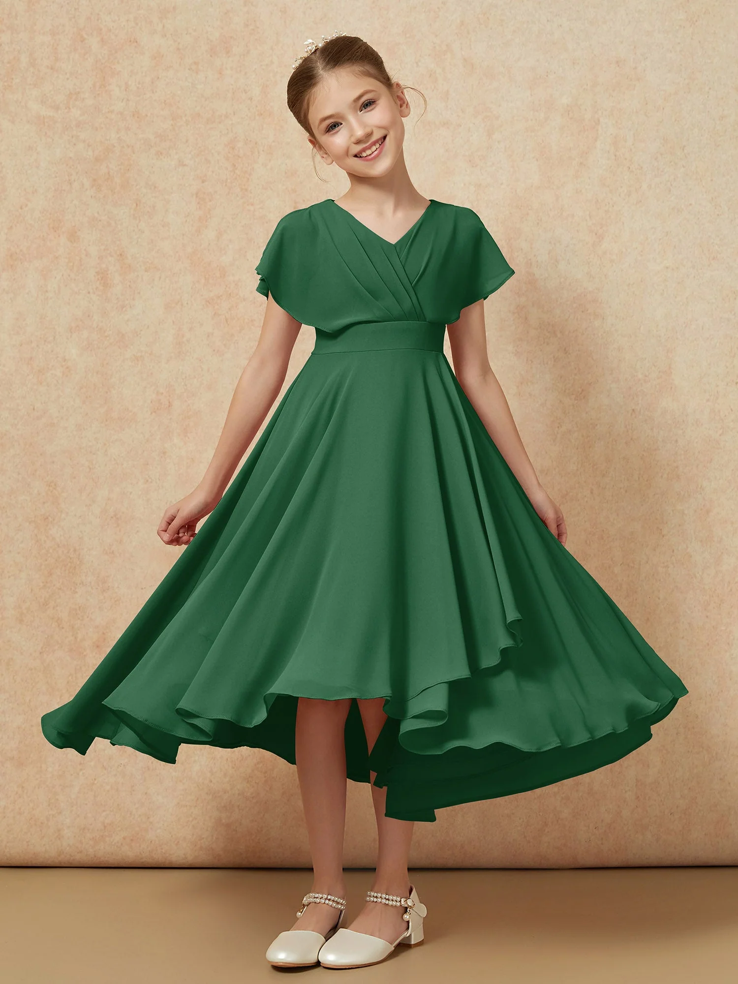 V-Ausschnitt Chiffon Asymmetrisch Junge Brautjungfernkleider Dunkelgrün