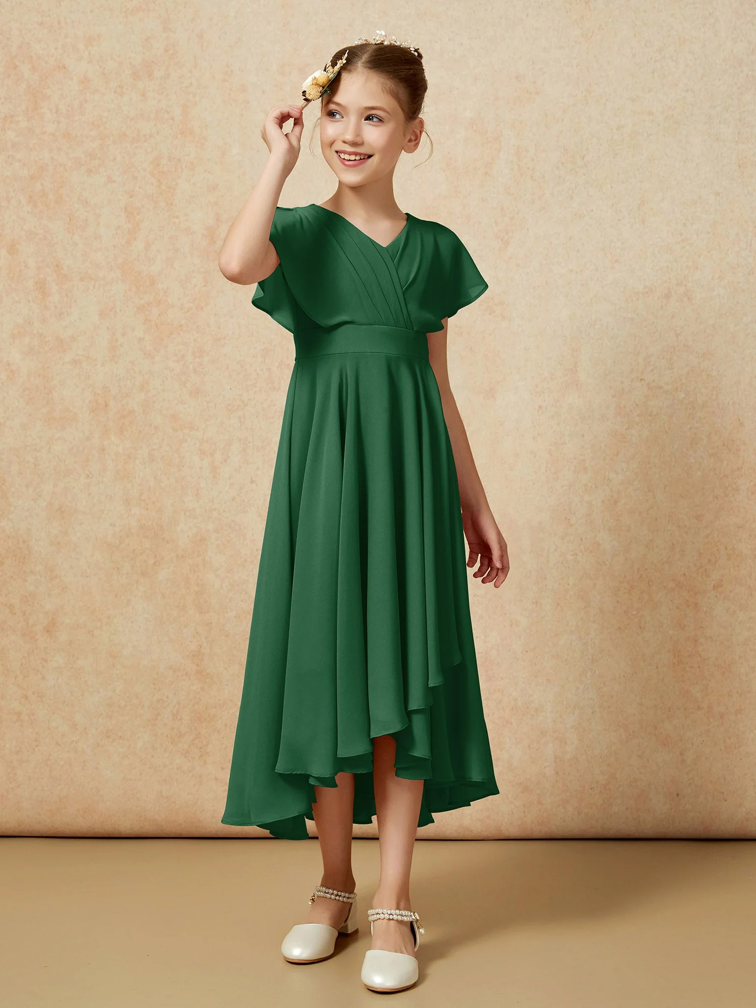 V-Ausschnitt Chiffon Asymmetrisch Junge Brautjungfernkleider Dunkelgrün - Image 3