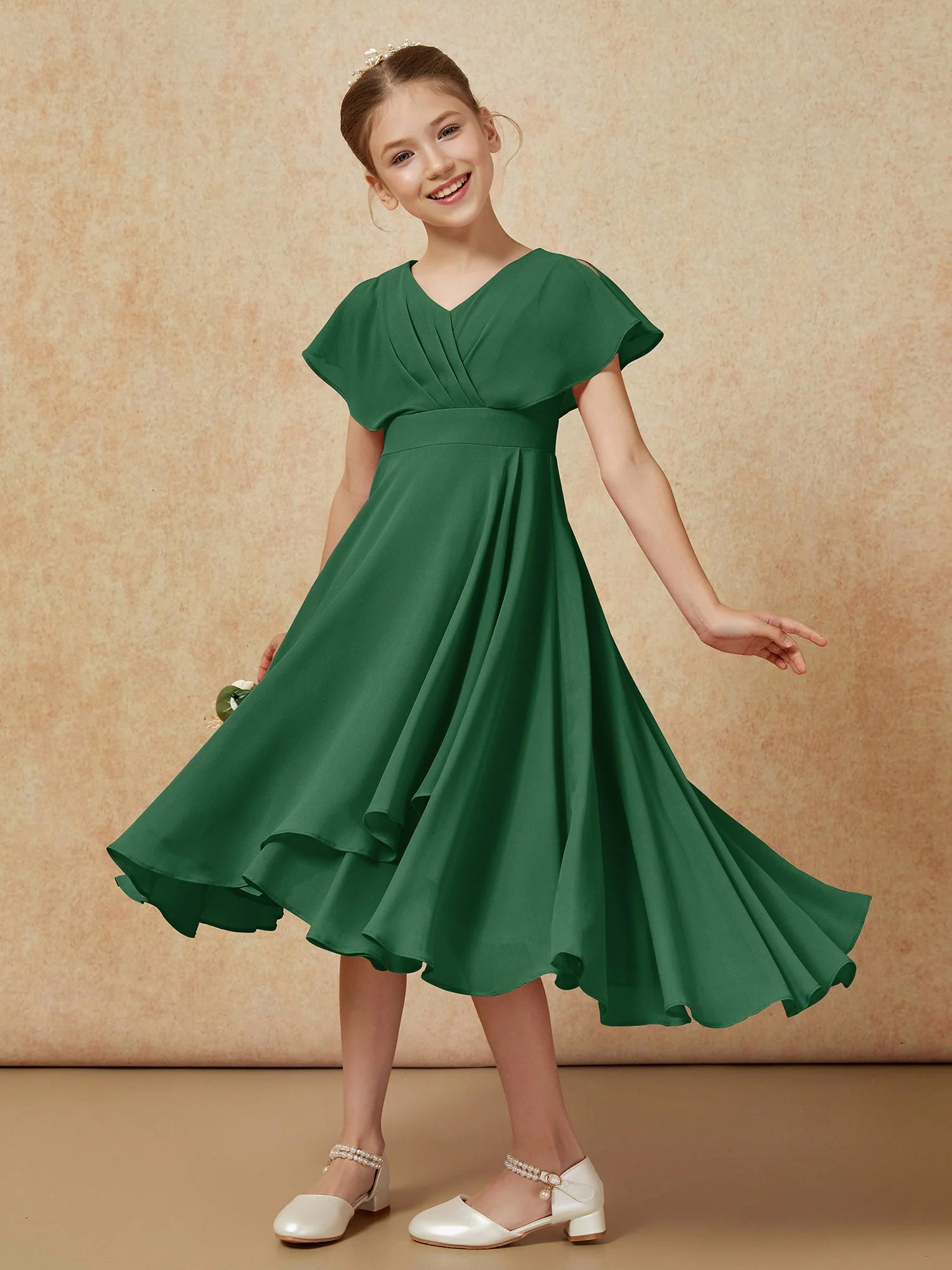 V-Ausschnitt Chiffon Asymmetrisch Junge Brautjungfernkleider Dunkelgrün - Image 4