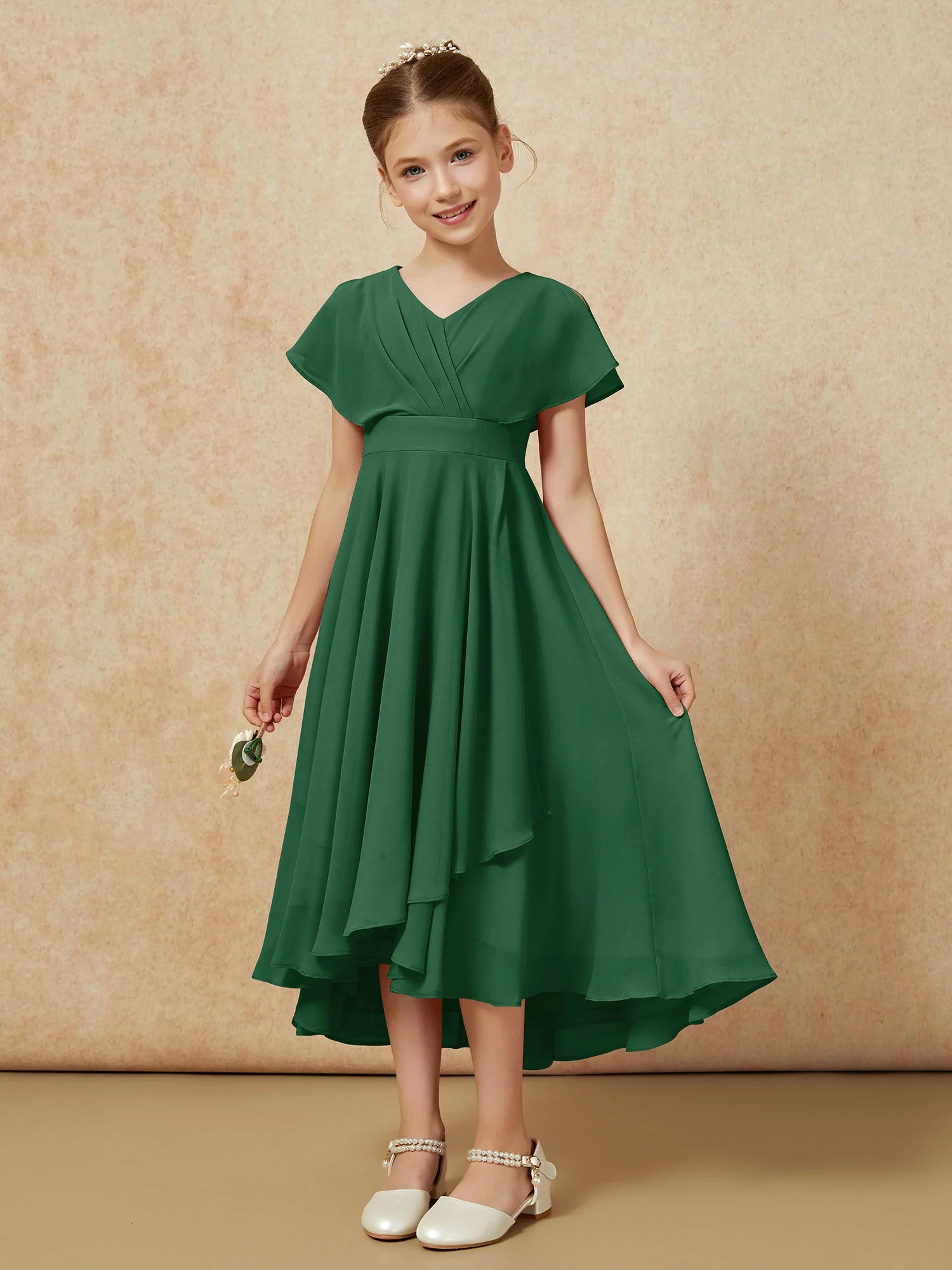 V-Ausschnitt Chiffon Asymmetrisch Junge Brautjungfernkleider Dunkelgrün - Image 5
