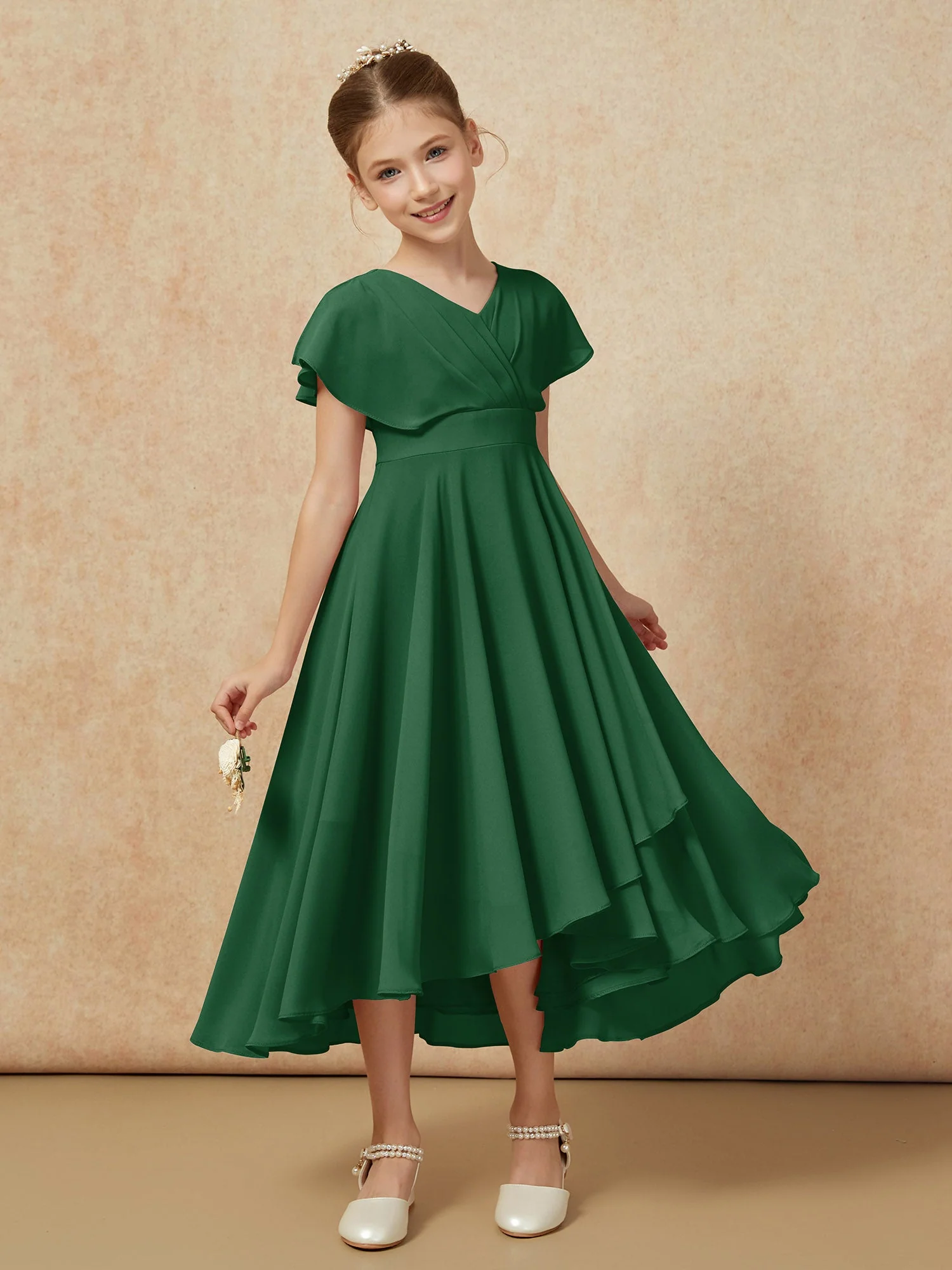 V-Ausschnitt Chiffon Asymmetrisch Junge Brautjungfernkleider Dunkelgrün - Image 6