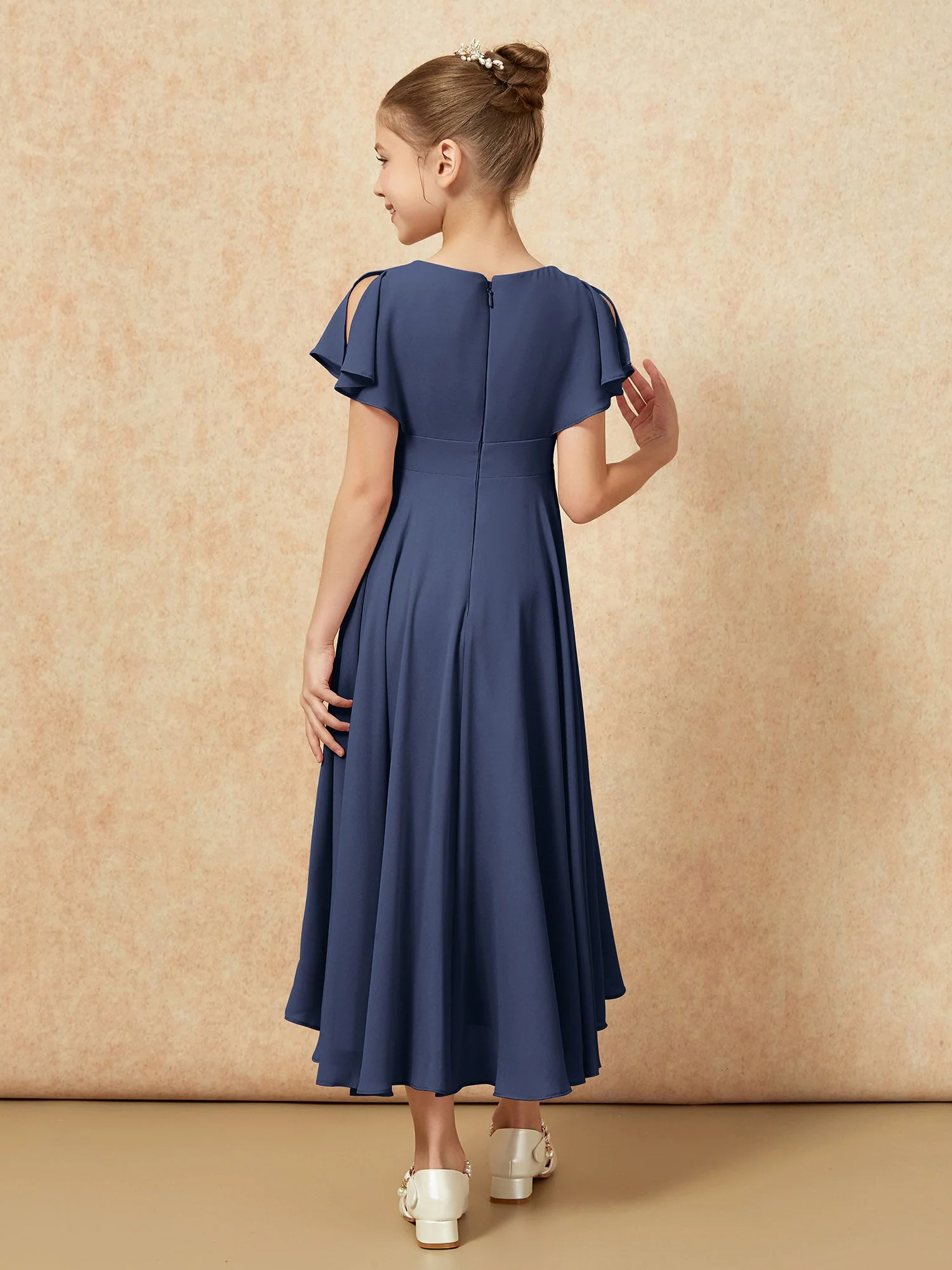 V-Ausschnitt Chiffon Asymmetrisch Junge Brautjungfernkleider Dunkelmarine - Image 2