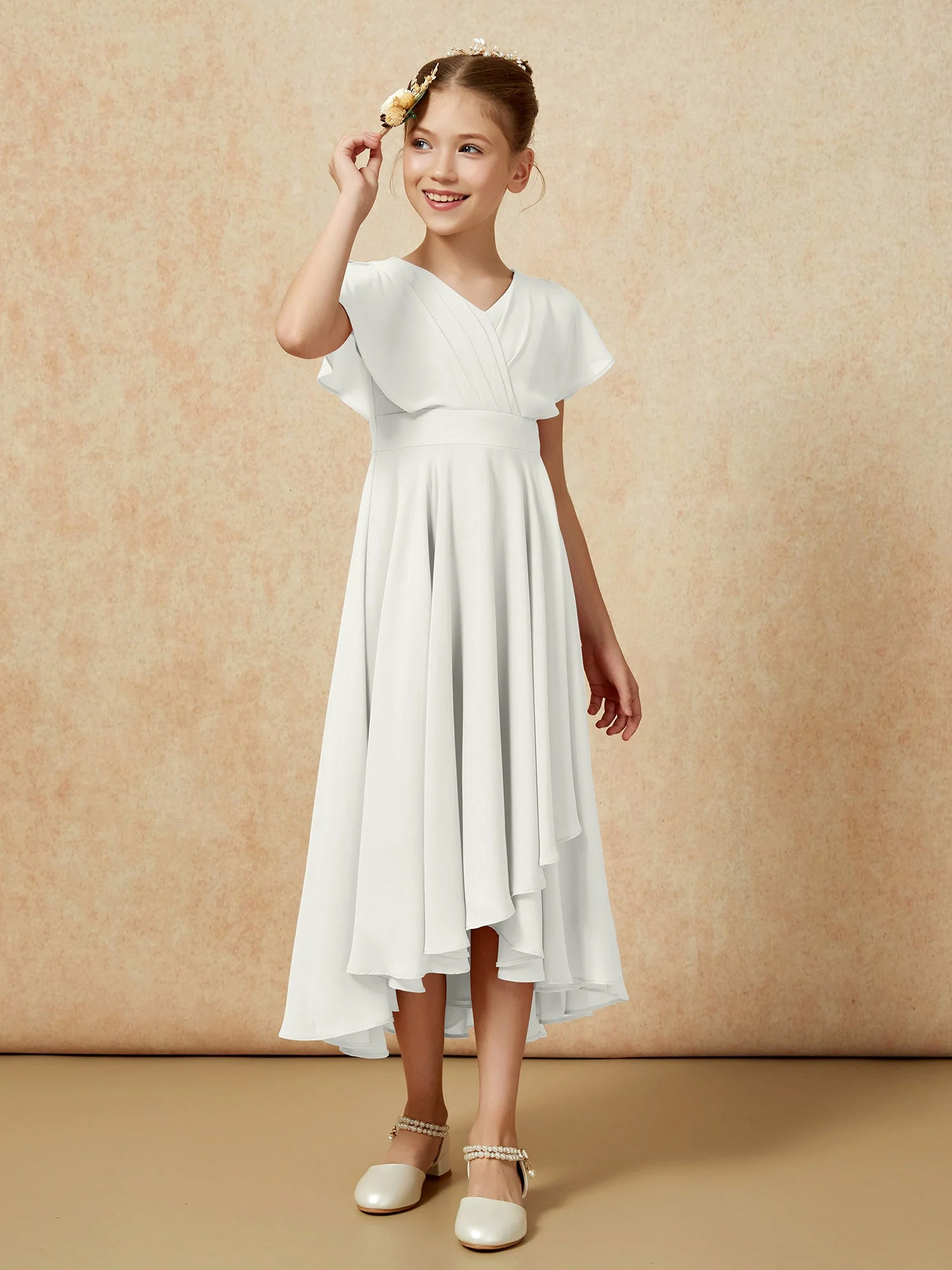 V-Ausschnitt Chiffon Asymmetrisch Junge Brautjungfernkleider Elfenbein - Image 3