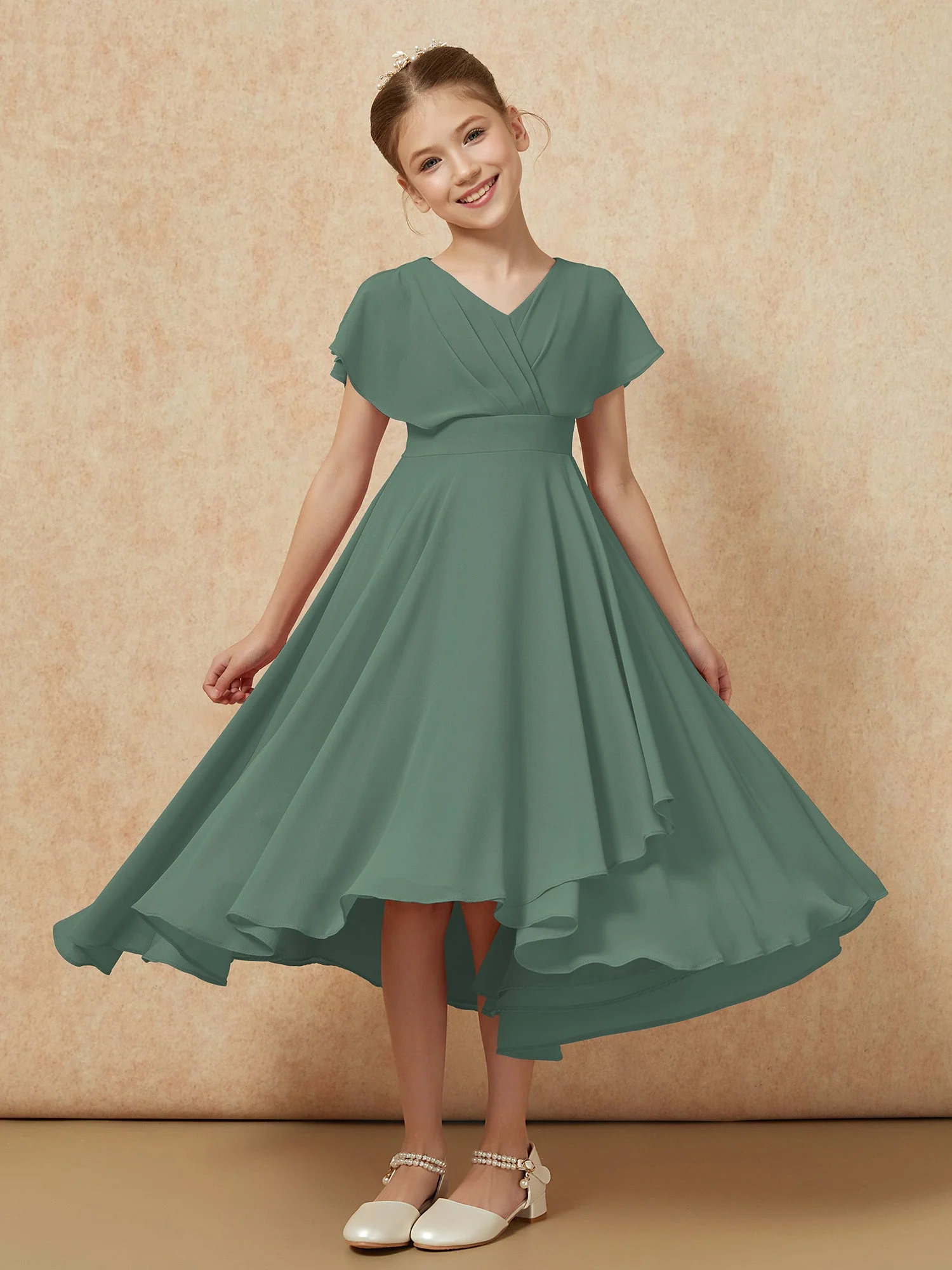 V-Ausschnitt Chiffon Asymmetrisch Junge Brautjungfernkleider Eukalyptus