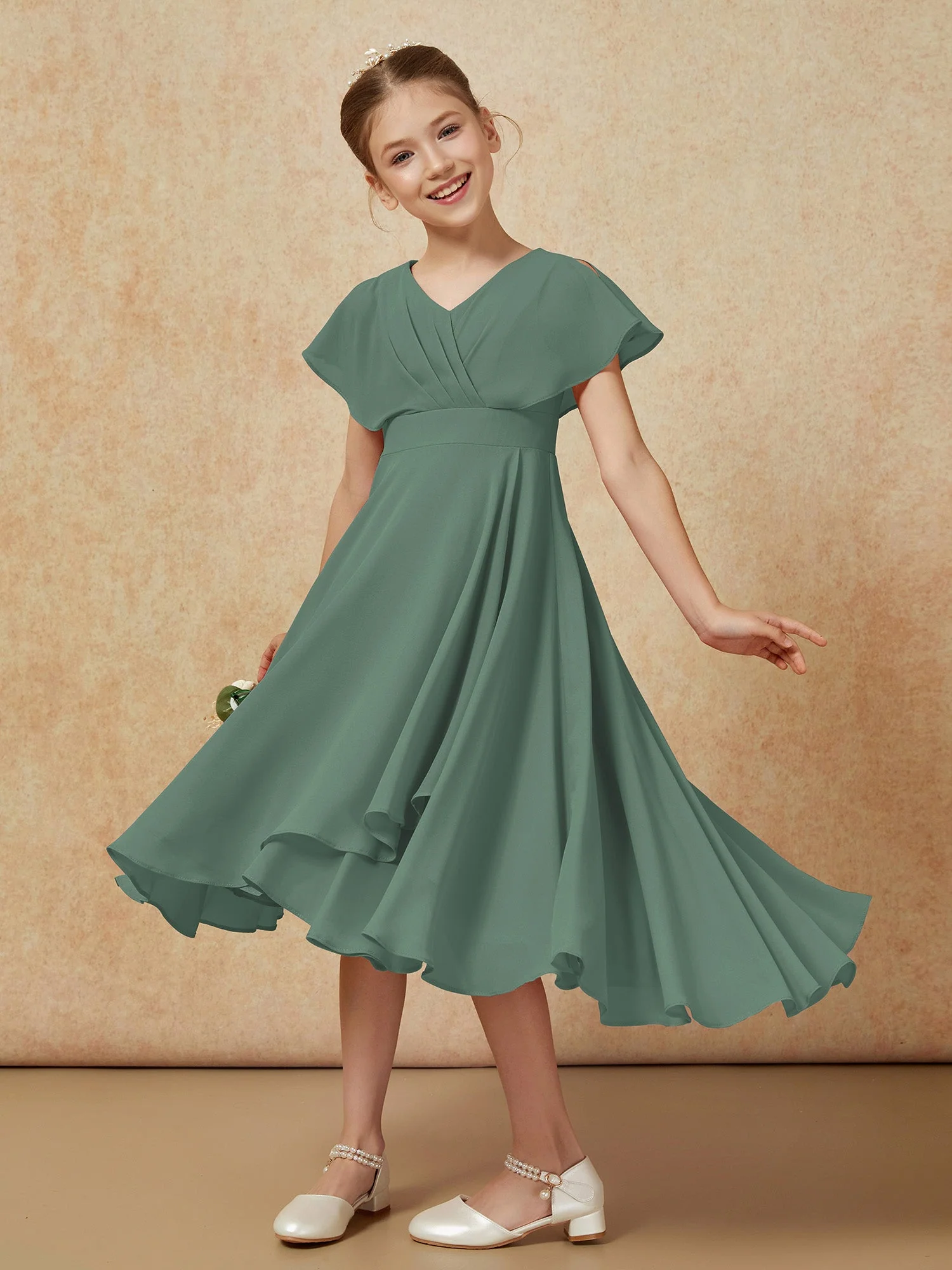 V-Ausschnitt Chiffon Asymmetrisch Junge Brautjungfernkleider Eukalyptus - Image 4