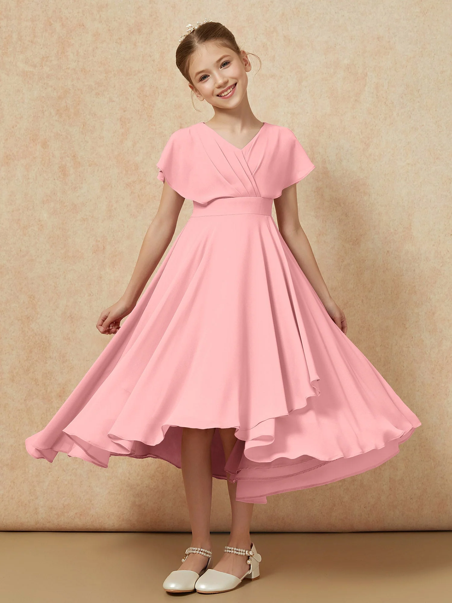 V-Ausschnitt Chiffon Asymmetrisch Junge Brautjungfernkleider Flamingo