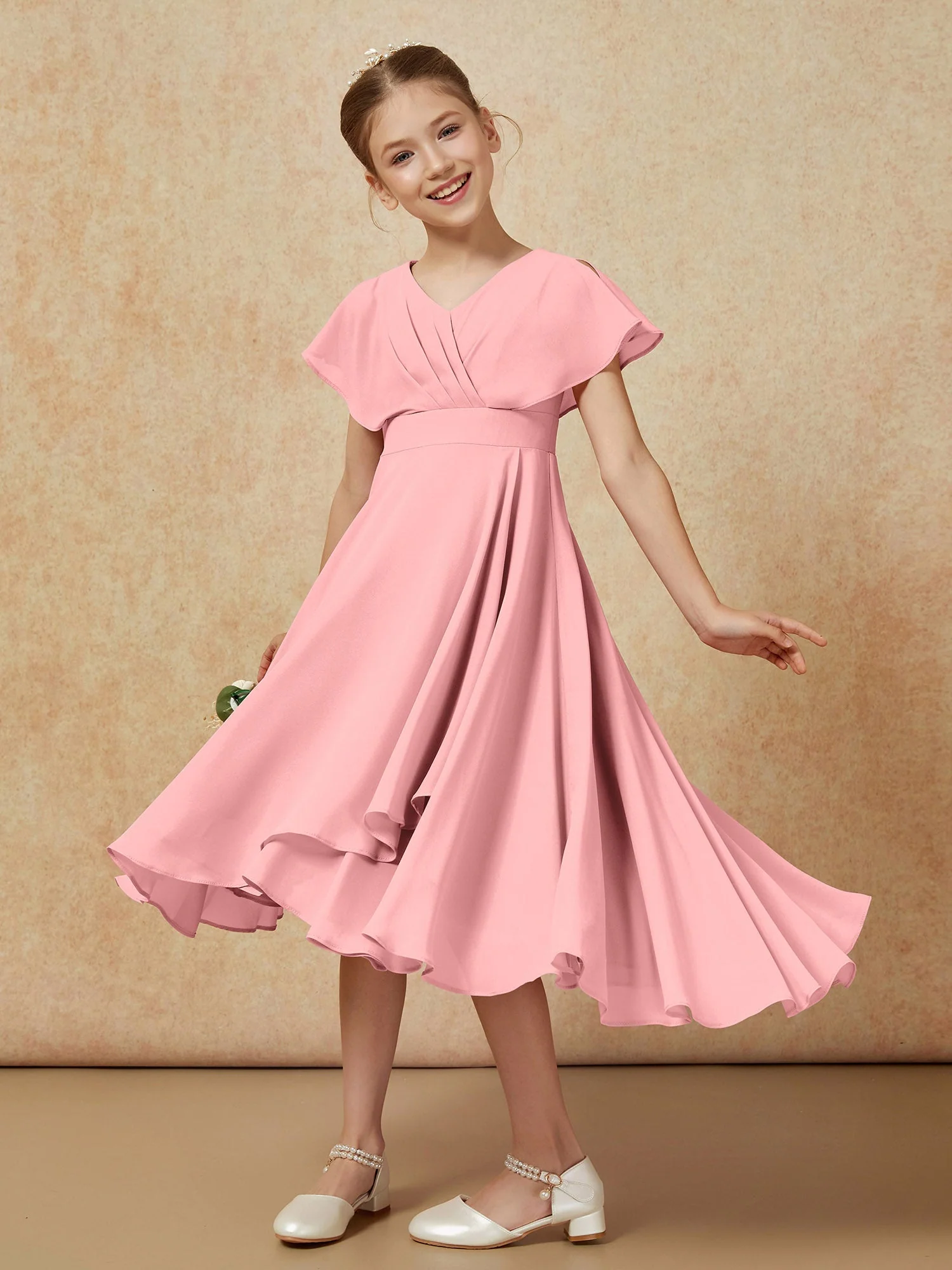 V-Ausschnitt Chiffon Asymmetrisch Junge Brautjungfernkleider Flamingo - Image 4