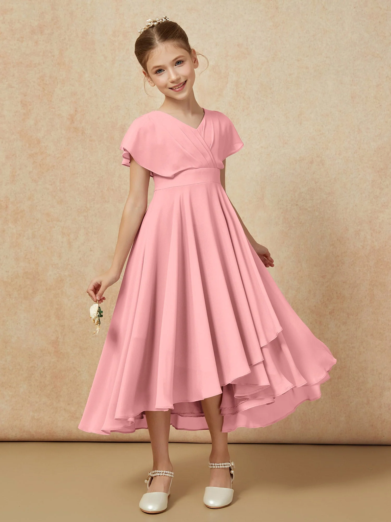 V-Ausschnitt Chiffon Asymmetrisch Junge Brautjungfernkleider Flamingo - Image 6