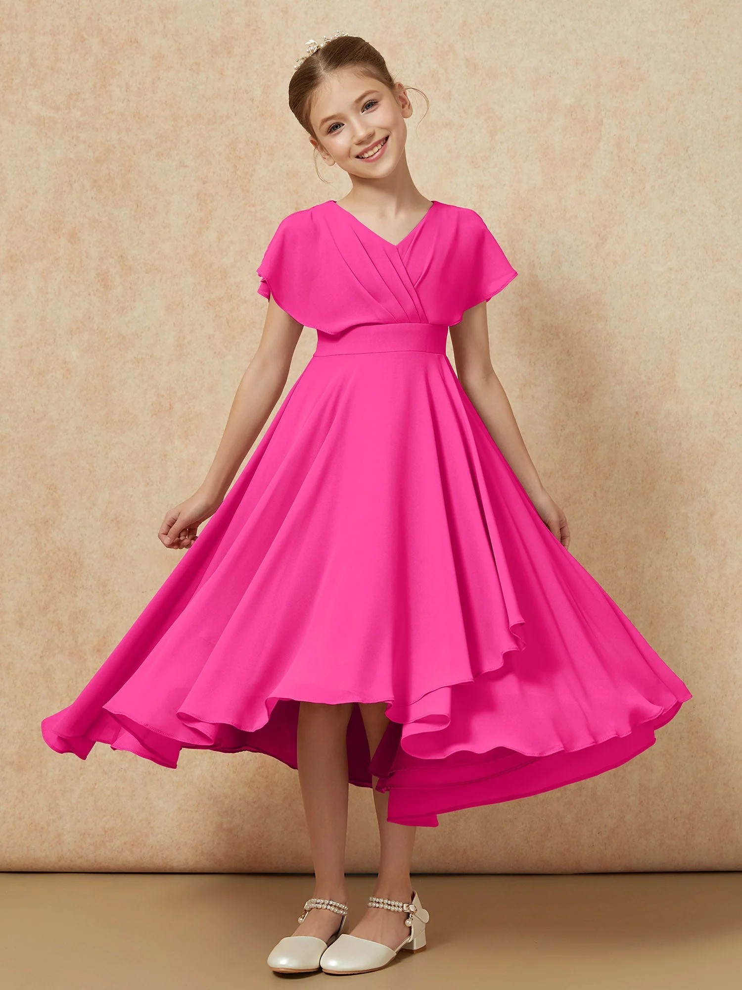 V-Ausschnitt Chiffon Asymmetrisch Junge Brautjungfernkleider Fuchsia