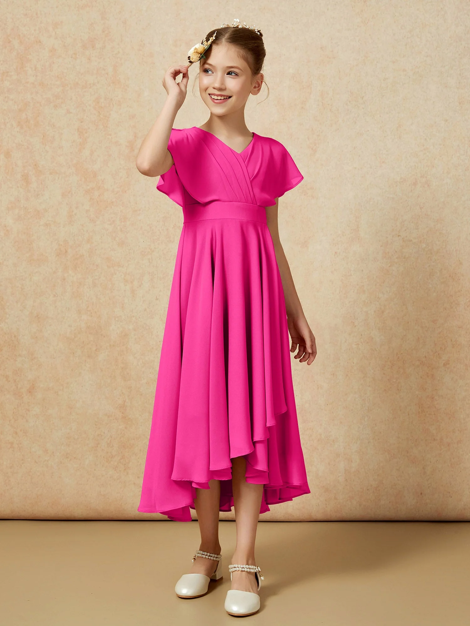 V-Ausschnitt Chiffon Asymmetrisch Junge Brautjungfernkleider Fuchsia - Image 3