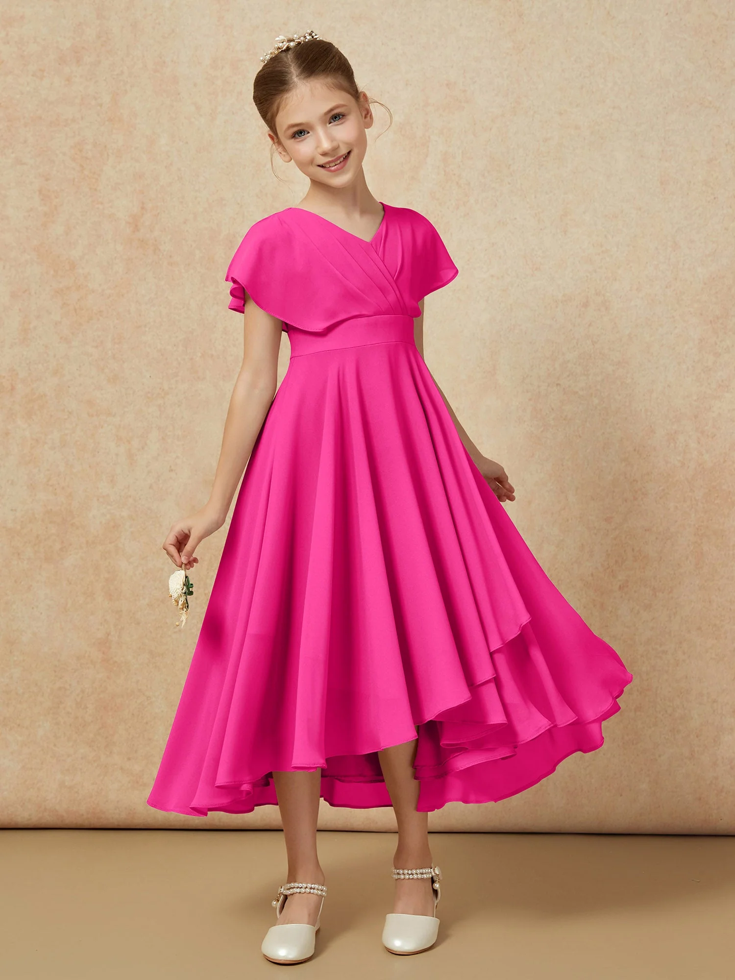 V-Ausschnitt Chiffon Asymmetrisch Junge Brautjungfernkleider Fuchsia - Image 6