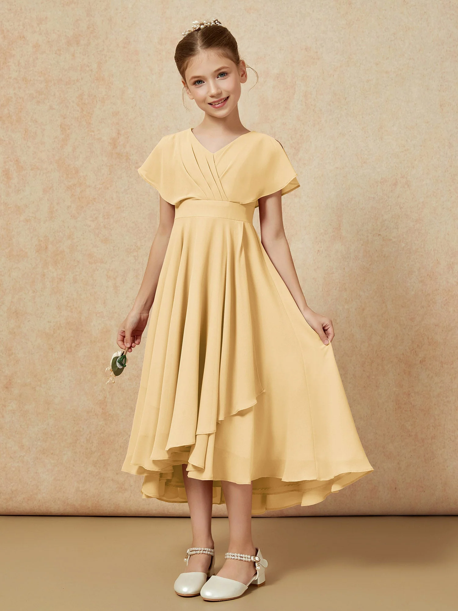 V-Ausschnitt Chiffon Asymmetrisch Junge Brautjungfernkleider Gold - Image 5