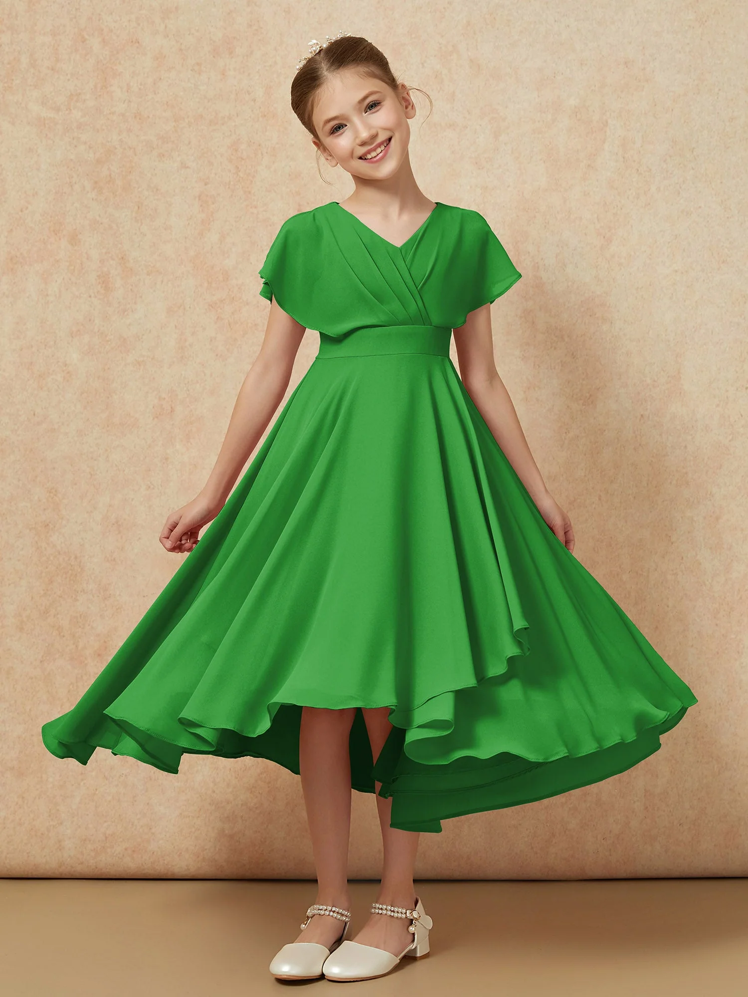 V-Ausschnitt Chiffon Asymmetrisch Junge Brautjungfernkleider Grün
