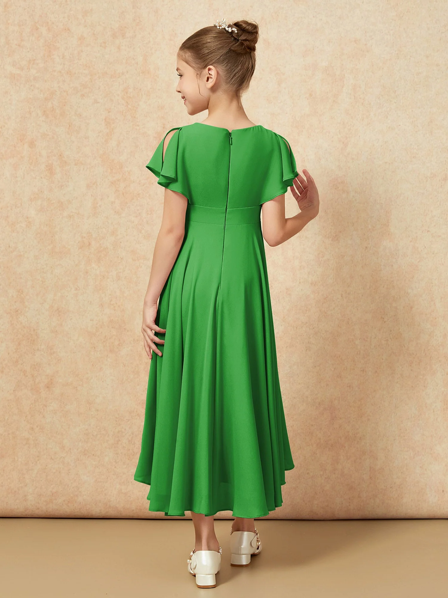 V-Ausschnitt Chiffon Asymmetrisch Junge Brautjungfernkleider Grün - Image 2