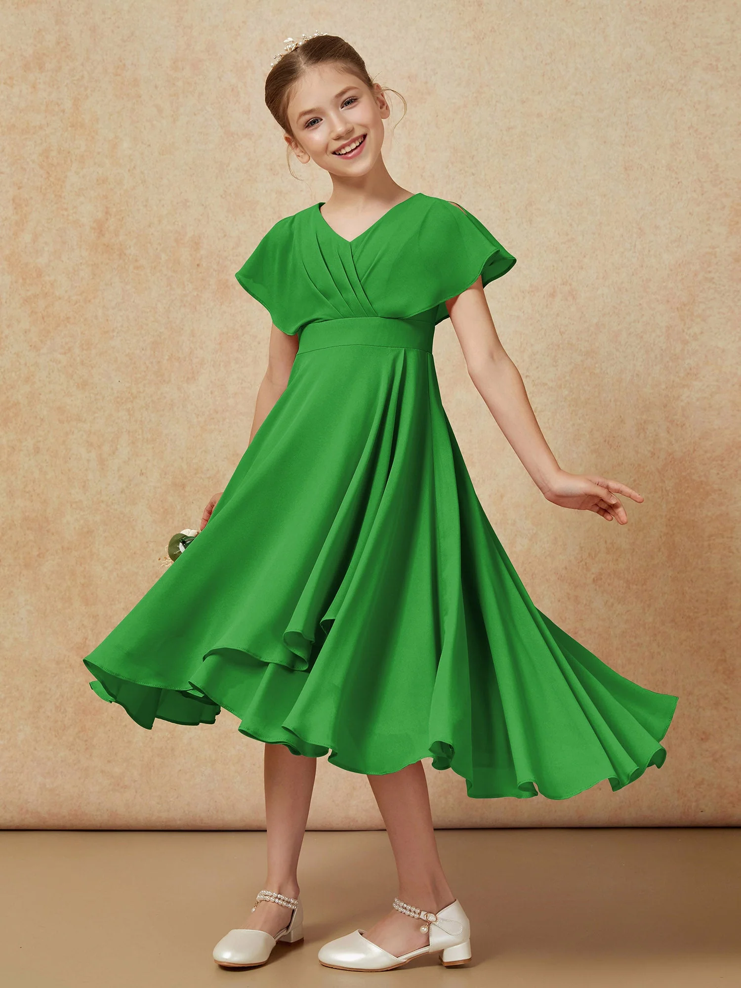 V-Ausschnitt Chiffon Asymmetrisch Junge Brautjungfernkleider Grün - Image 4