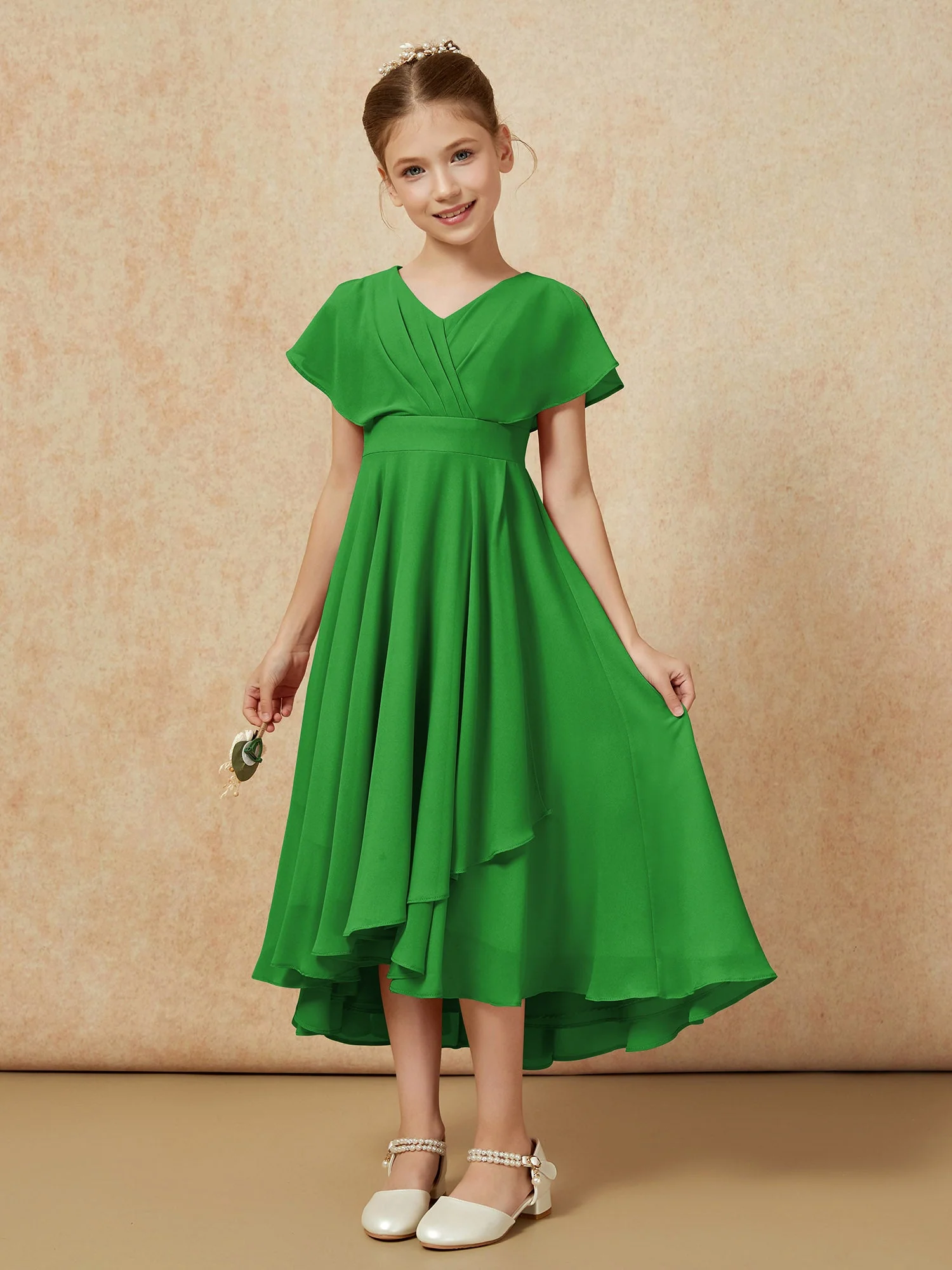 V-Ausschnitt Chiffon Asymmetrisch Junge Brautjungfernkleider Grün - Image 5