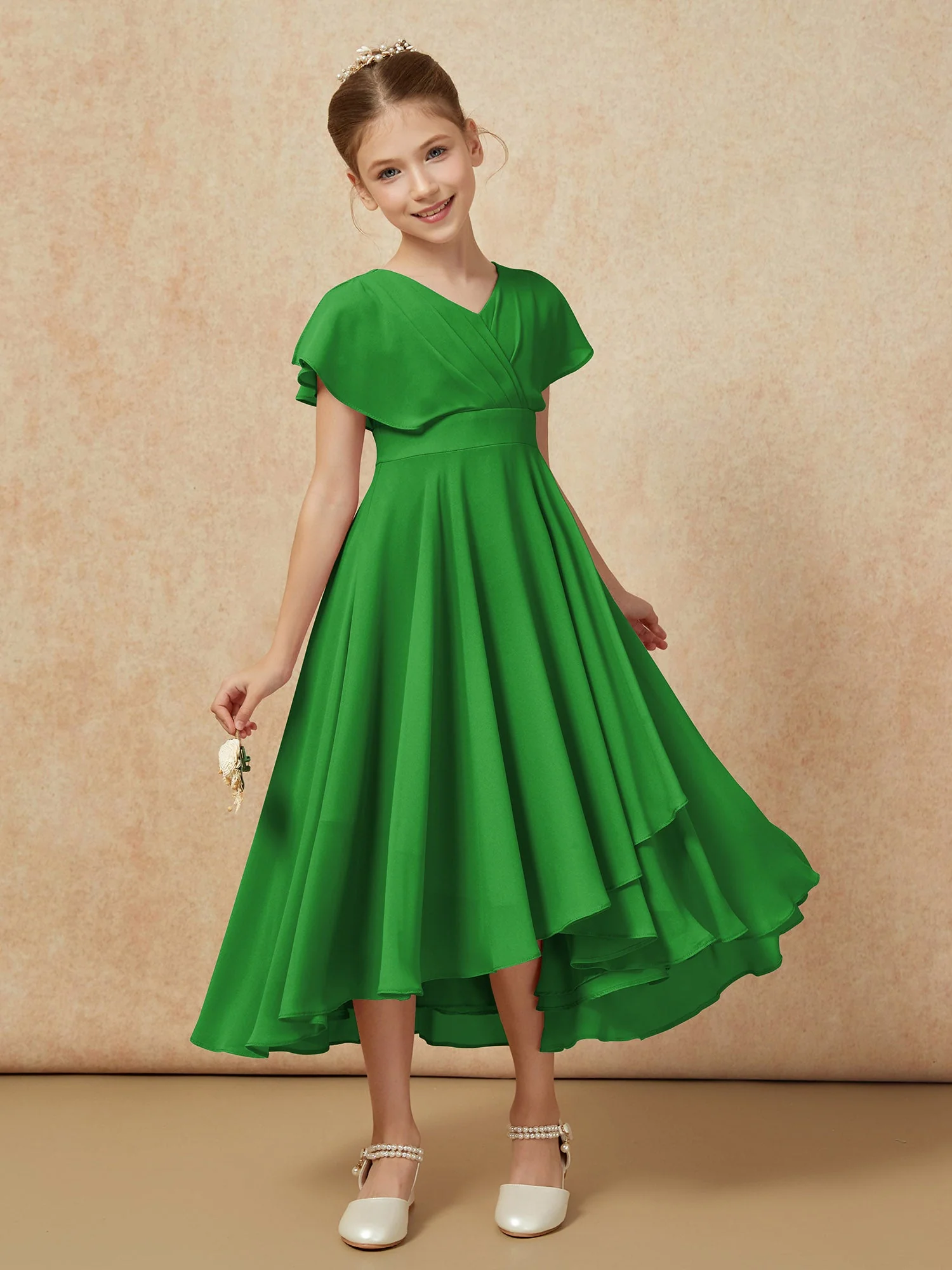 V-Ausschnitt Chiffon Asymmetrisch Junge Brautjungfernkleider Grün - Image 6