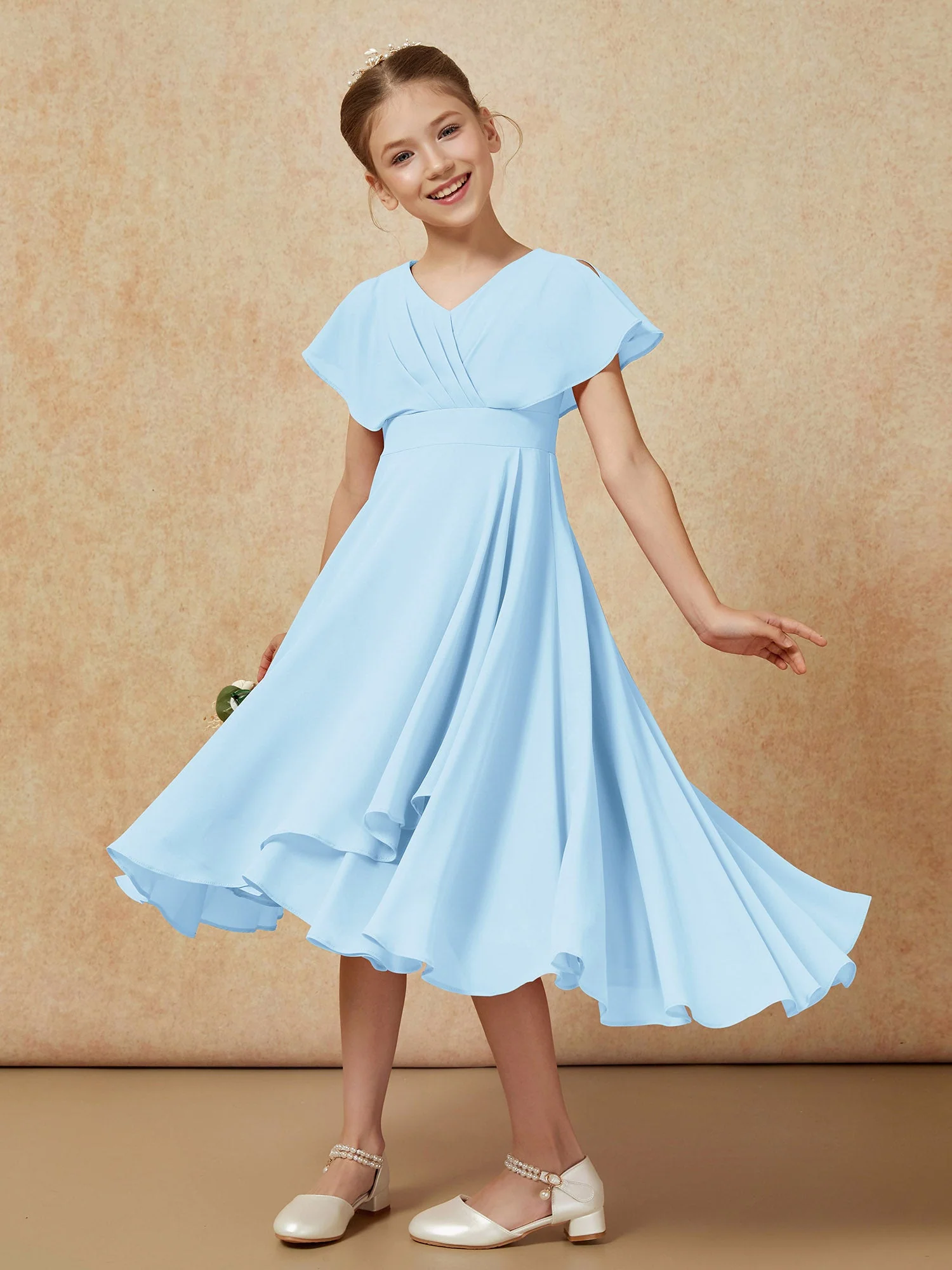V-Ausschnitt Chiffon Asymmetrisch Junge Brautjungfernkleider Himmelblau - Image 4
